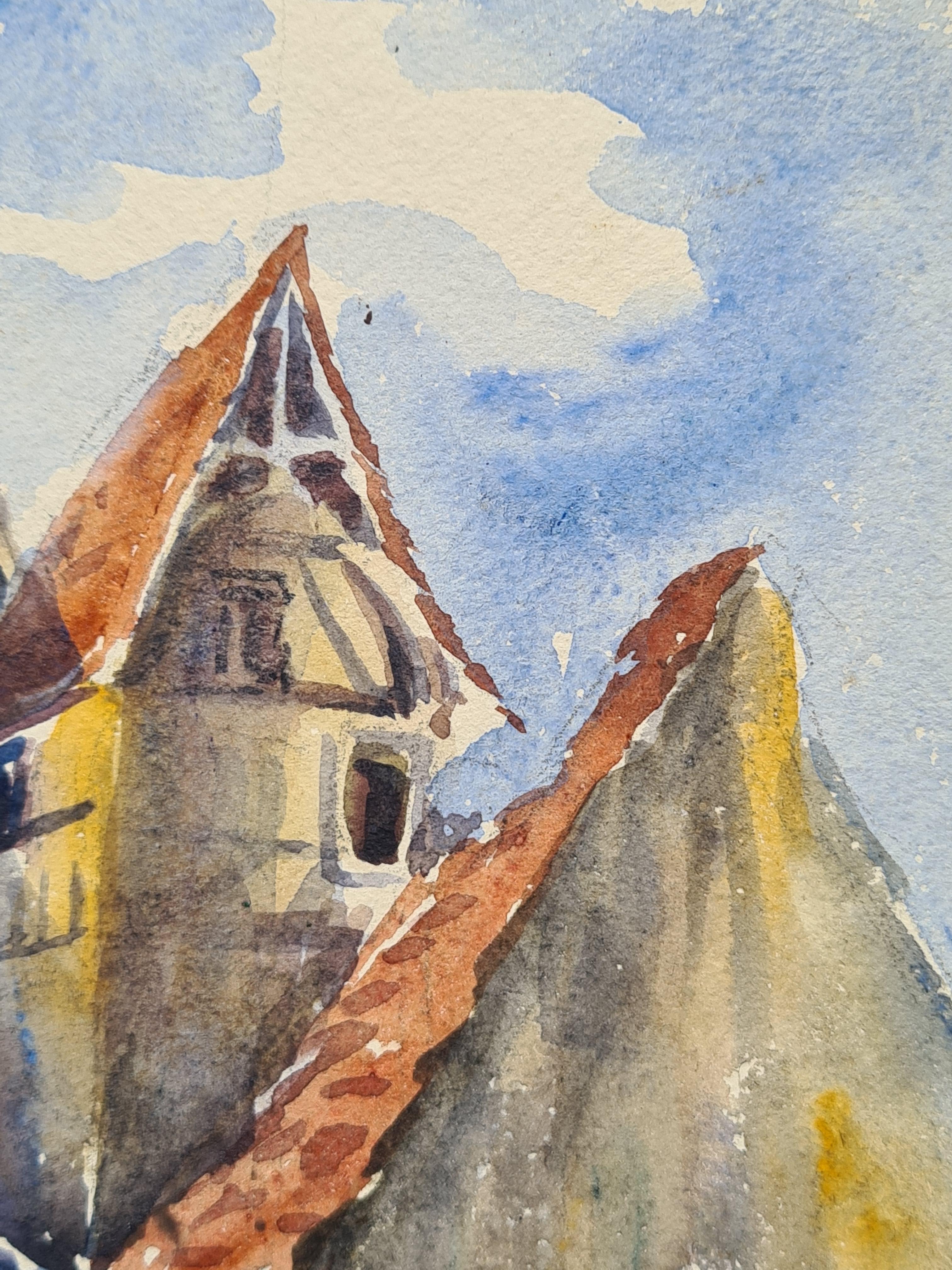 1930er Jahre Französisch Impressionist Aquarell, The Rooftops. (Grau), Landscape Art, von Henri Clamen