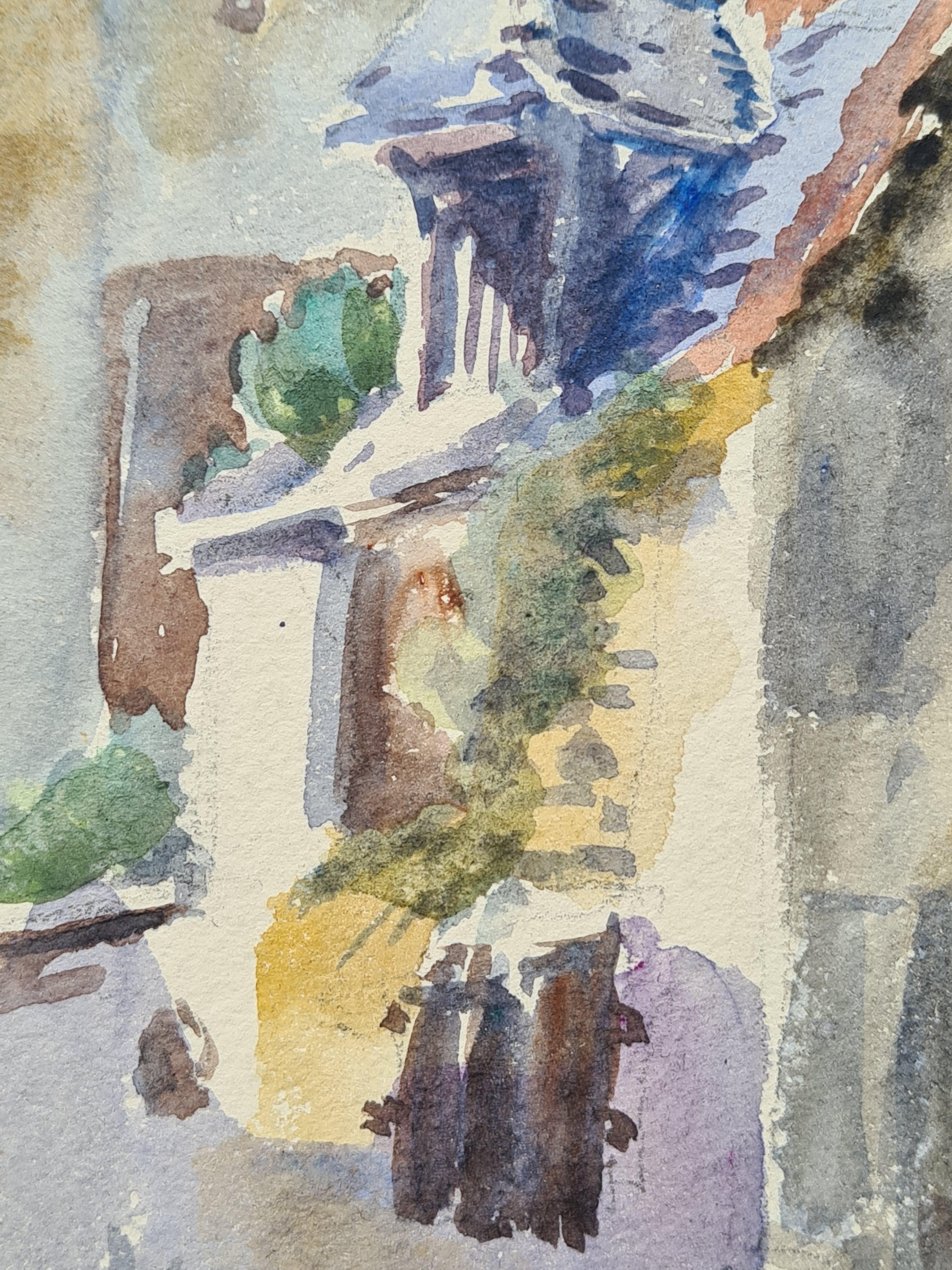 Französischer Impressionist, Aquarell auf Papier, Ansicht einer Sammlung von Dächern von Henri Clamen. Das Gemälde befindet sich unten rechts und auf der Rückseite des Papiers ist ein Vermerk angebracht. Es ist zwar nicht signiert, wurde aber