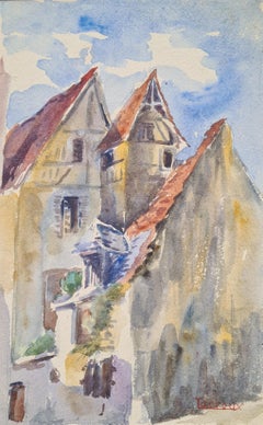 Acquerello impressionista francese del 1930, I tetti.