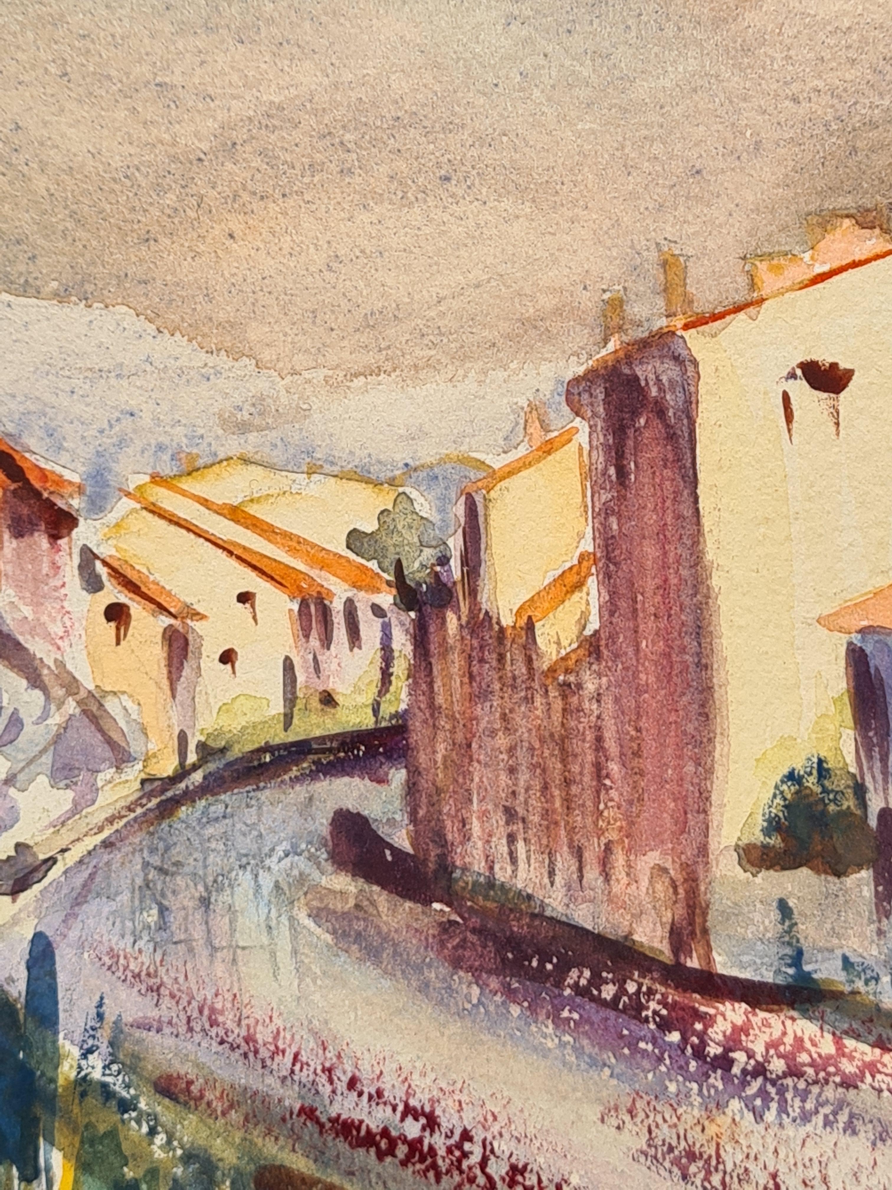 Acuarela impresionista francesa sobre papel vista de una escena callejera francesa de Henri Clamen. El cuadro no está firmado, pero se adquirió en el taller del artista junto con otras obras firmadas. 

Una encantadora vista de una típica escena