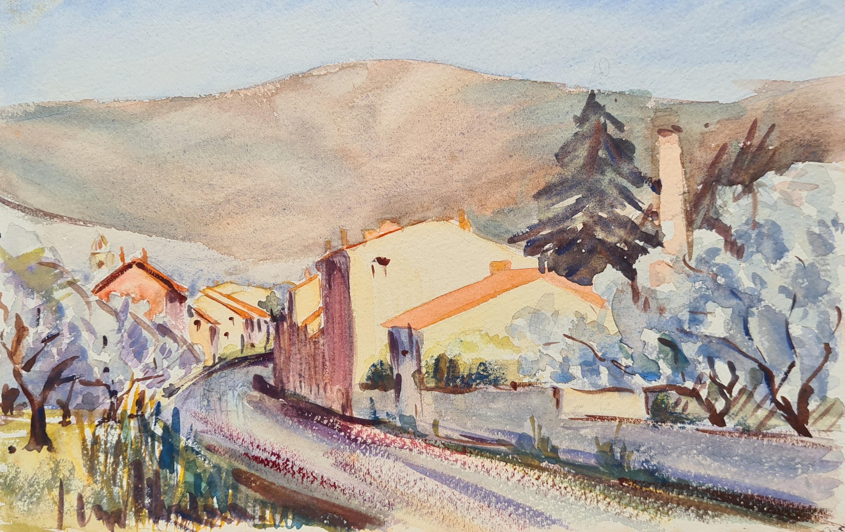 Acquerello impressionista francese degli anni '30 di una scena di strada francese