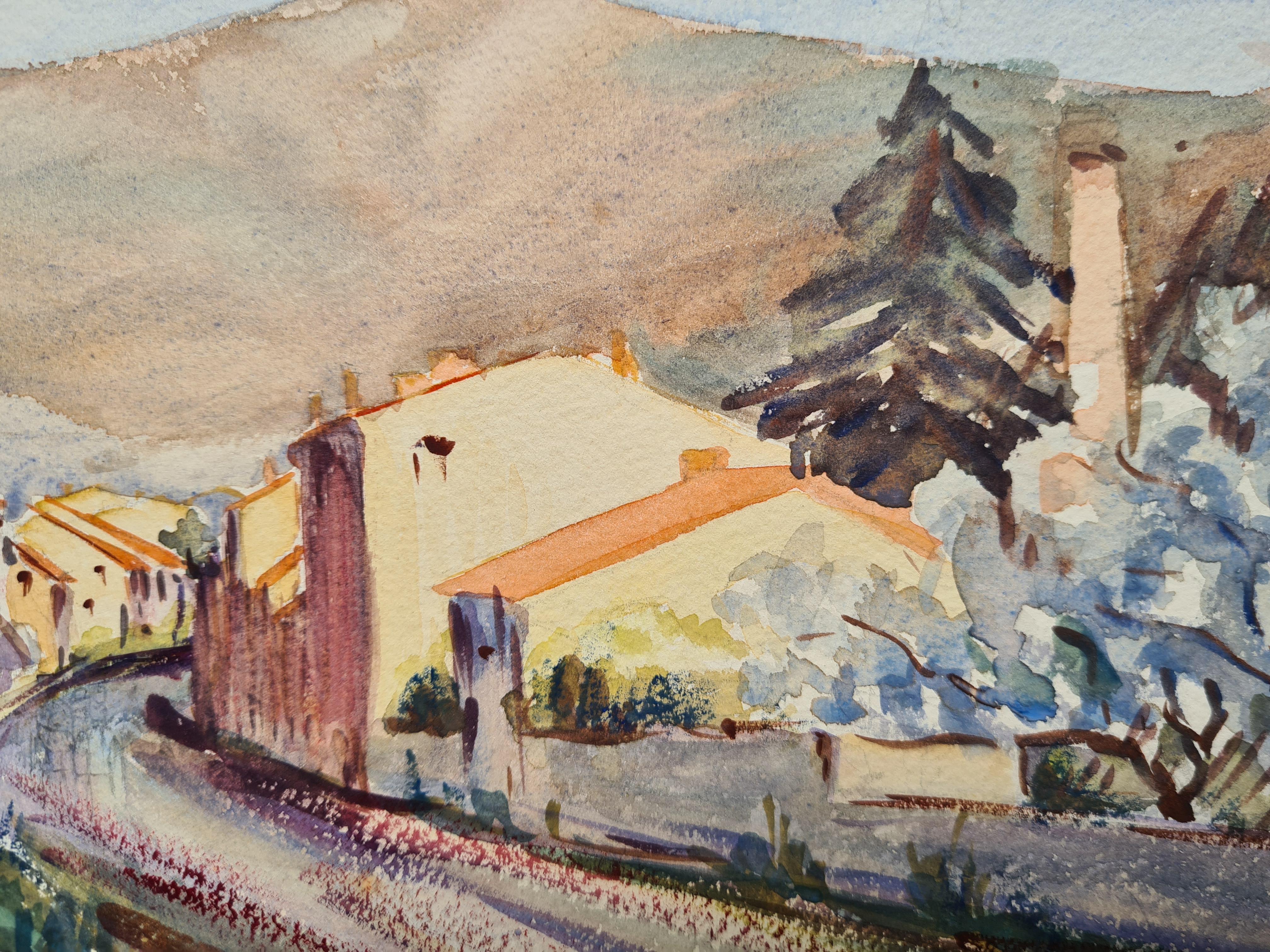 Acuarela impresionista francesa de los años 30 de una escena callejera francesa - Art de Henri Clamen