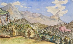 1930s French Impressionist Watercolour of a Pine Forest and Mountain Scene
