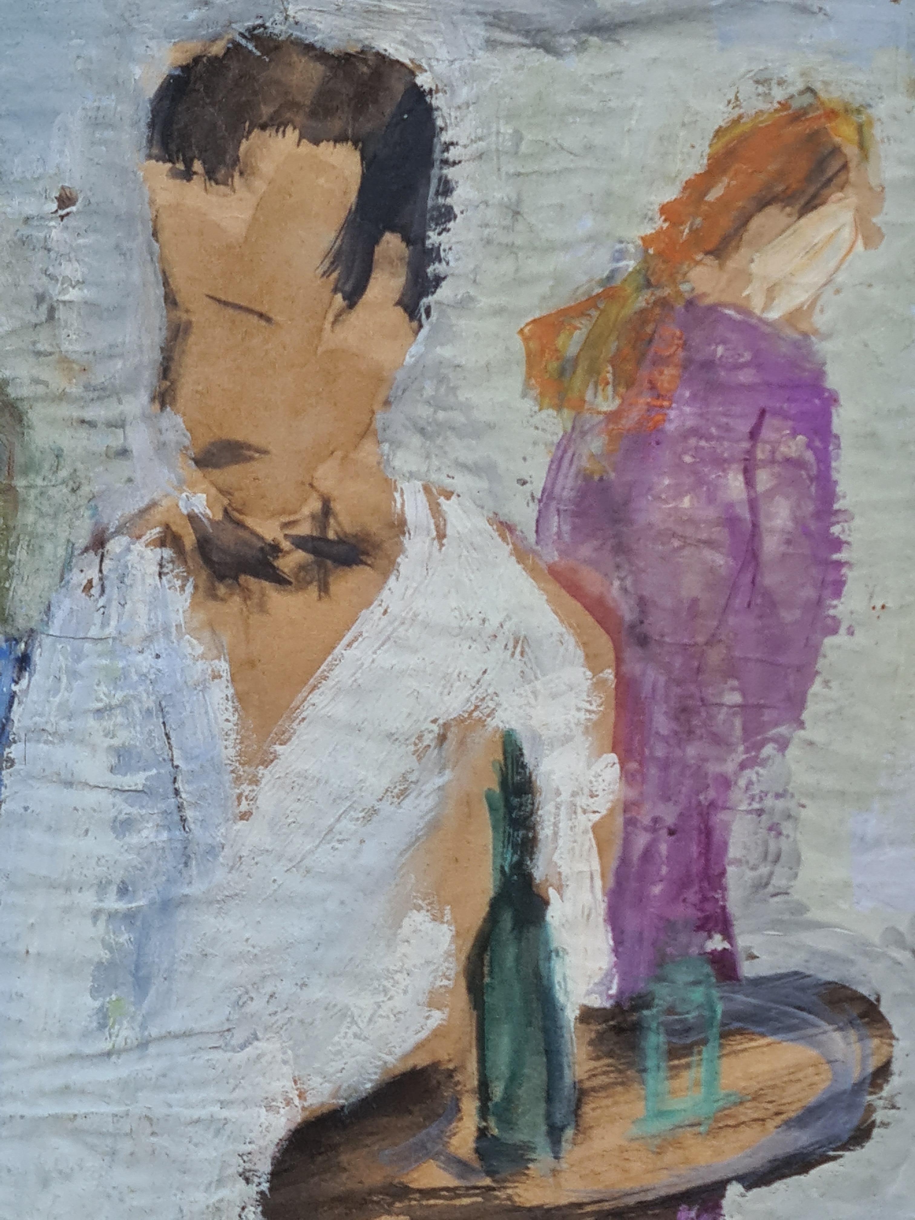 Gouache und Aquarell einer Café-Szene aus der Mitte des 20. Jahrhunderts im französischen Expressionismus. Das Gemälde ist rechts unten signiert, aber noch nicht entziffert. Das Werk ist auf der Rückseite des Rahmens mit dem Titel 