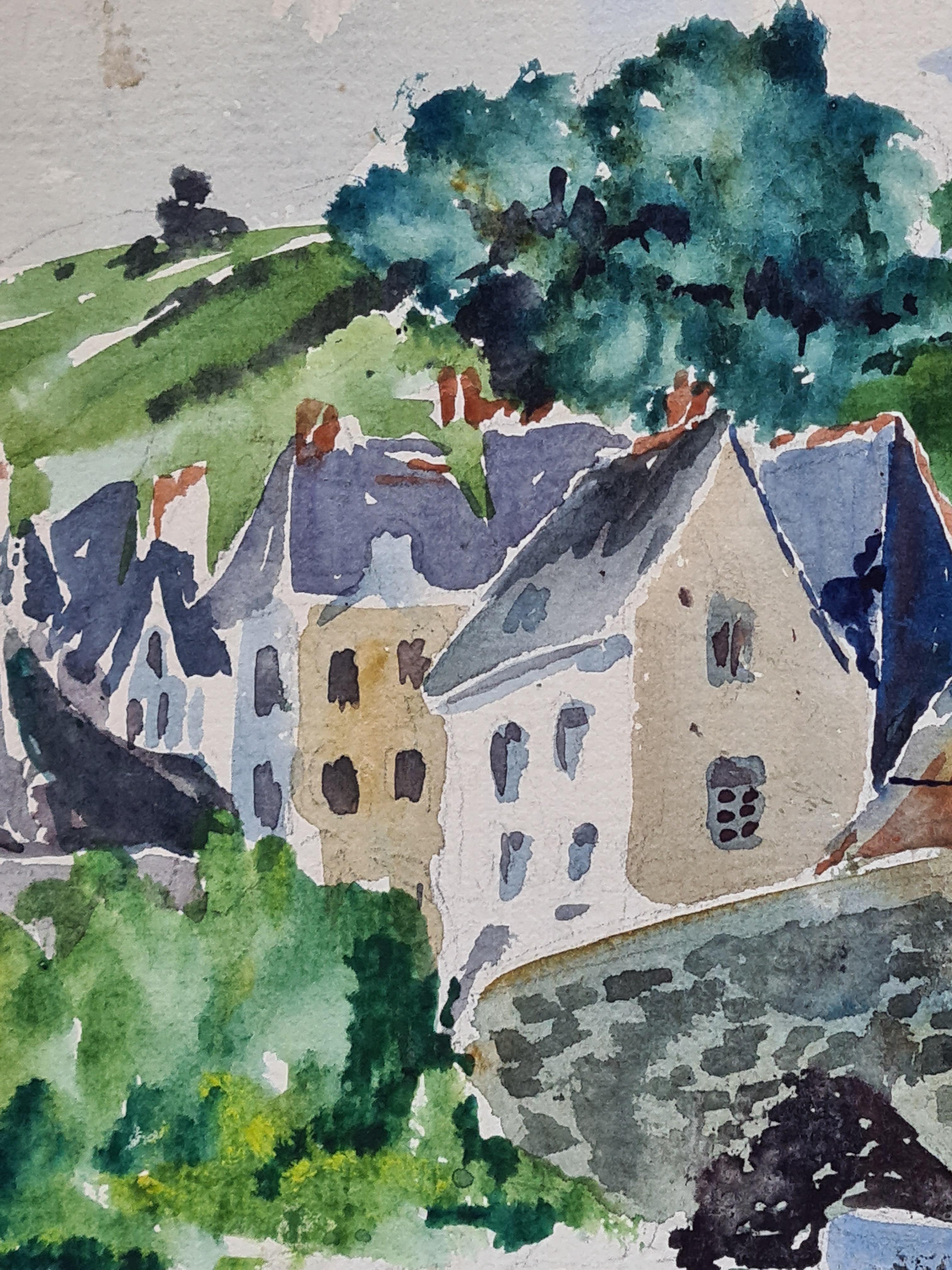 1930 Acuarela francesa de la Escuela de Barbizon, Pueblo y puente junto a un río, Dinard - Art de Henri Clamen