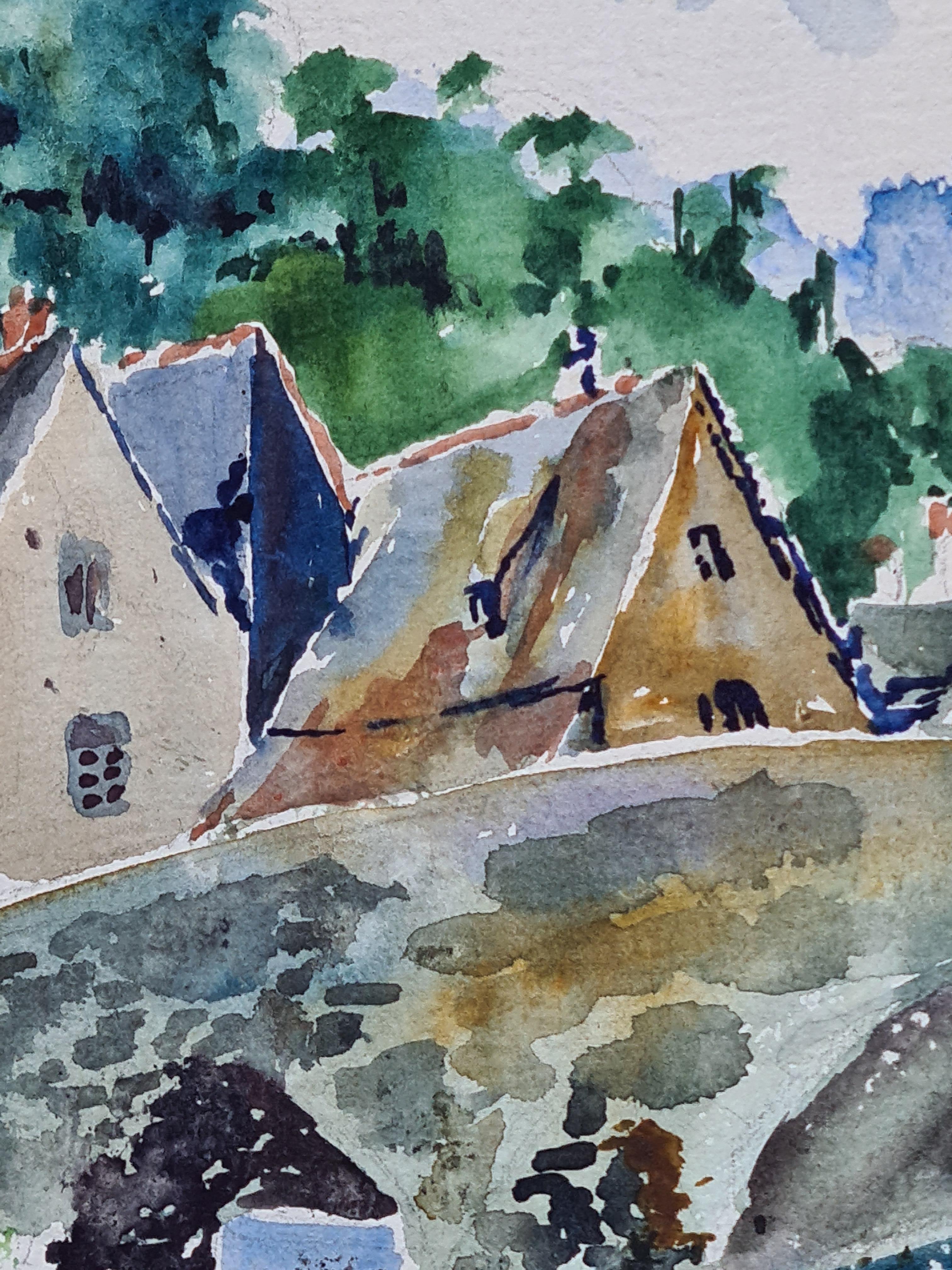 1930 Acuarela francesa de la Escuela de Barbizon, Pueblo y puente junto a un río, Dinard - Art Romántico de Henri Clamen