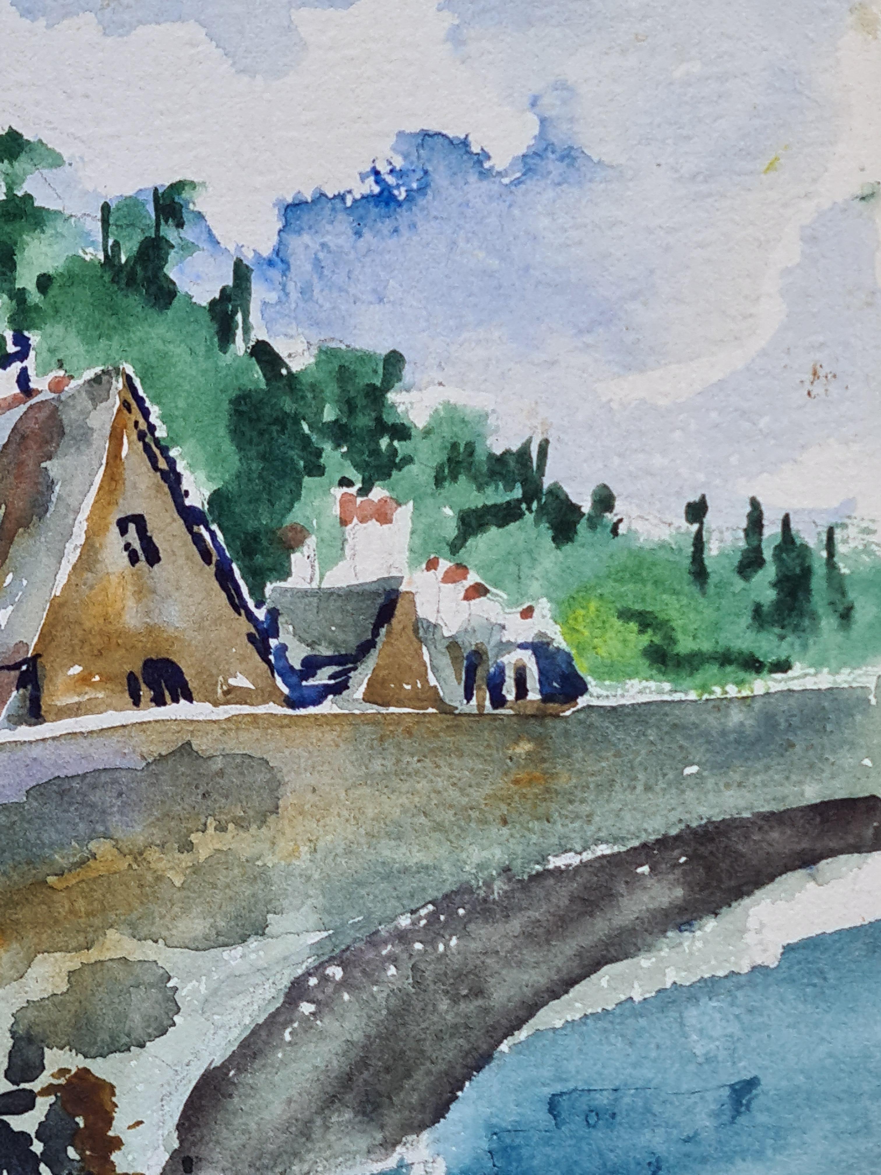 1930 Acuarela francesa de la Escuela de Barbizon, Pueblo y puente junto a un río, Dinard - Landscape Art Gris de Henri Clamen