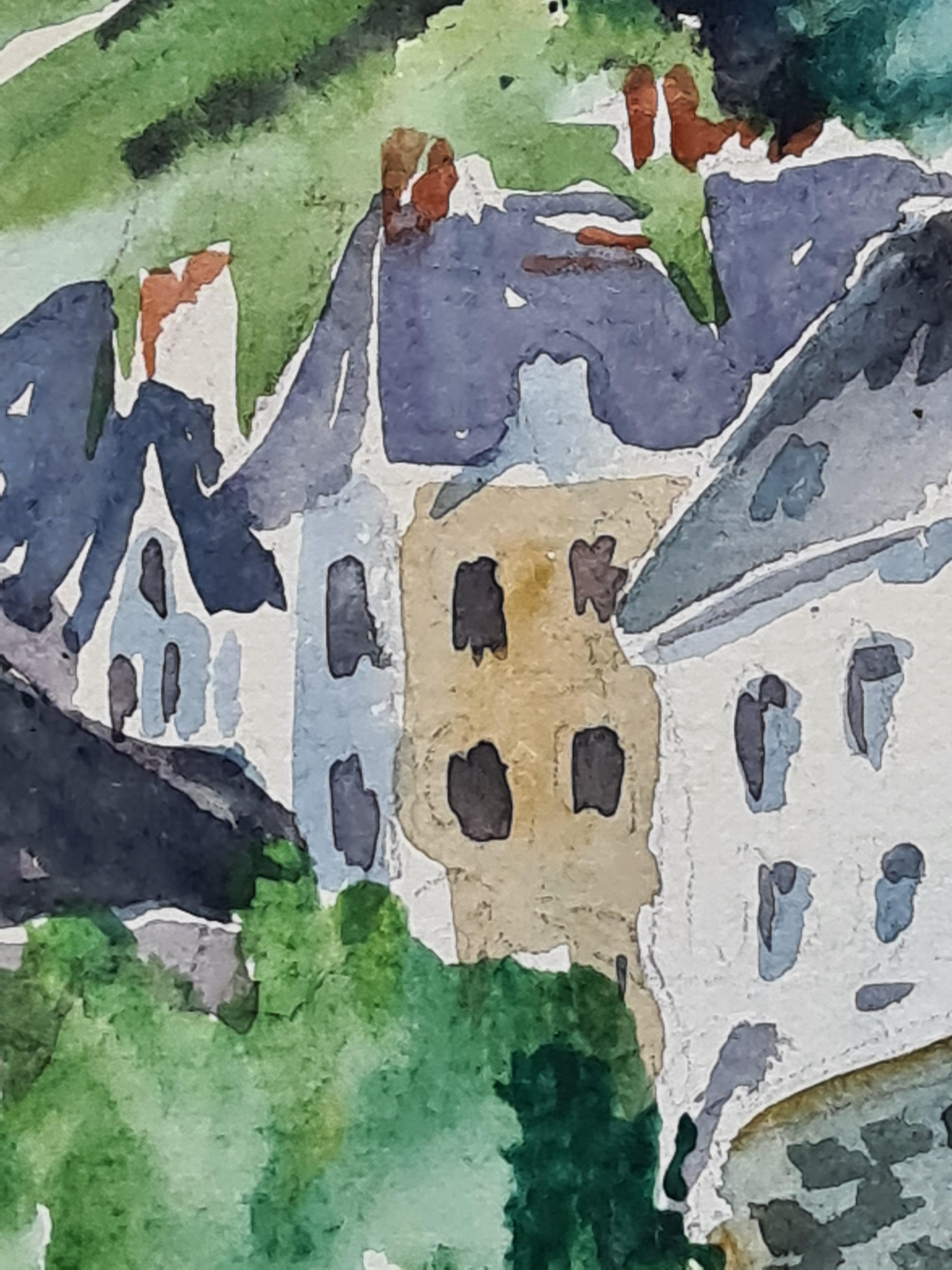 1930 Acuarela francesa de la Escuela de Barbizon, Pueblo y puente junto a un río, Dinard en venta 1