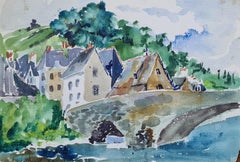 1930s French Barbizon School Watercolour, Village and Bridge by a River, Dinard