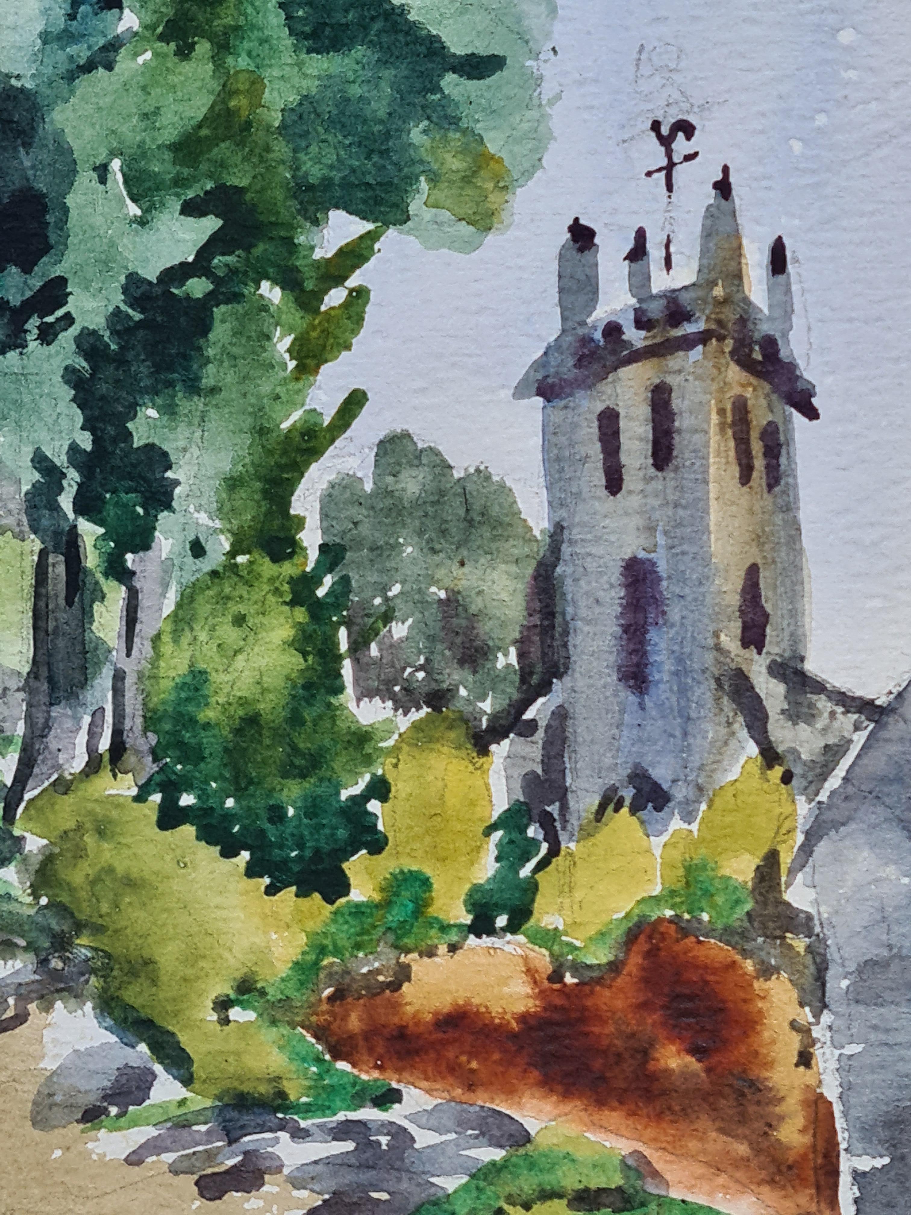 Französisches Aquarell der Barbizon-Schule aus den 1930er Jahren mit einer Kirche in einer Landschaft. – Art von Henri Clamen