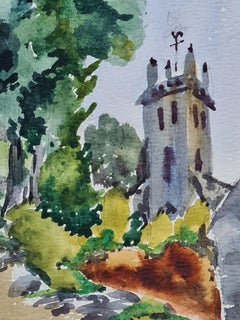 1930s French Barbizon School Watercolour of a Church in a Lansdscape.
