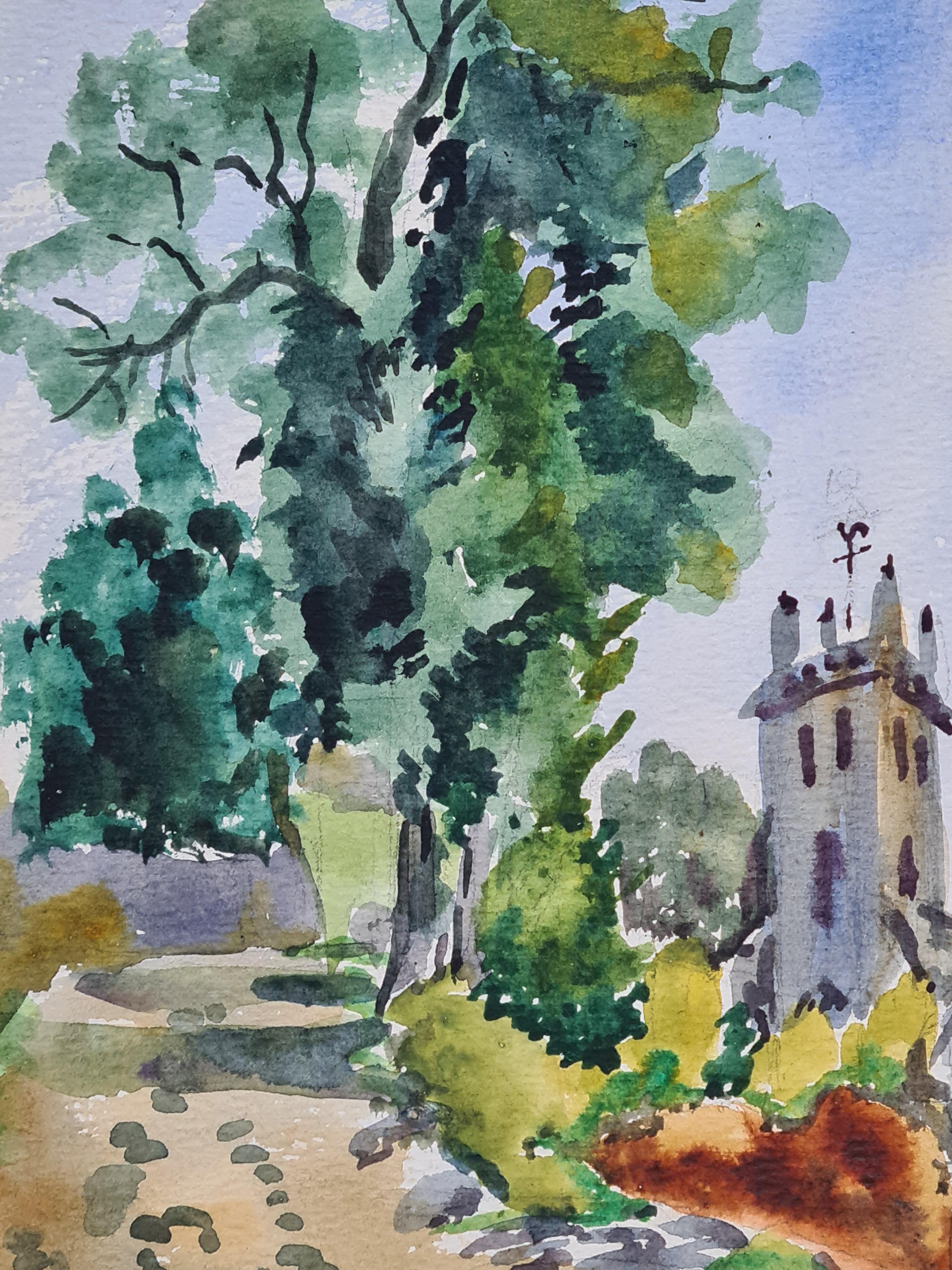 Französisches Aquarell der Barbizon-Schule aus den 1930er Jahren mit einer Kirche in einer Landschaft. (Grau), Landscape Art, von Henri Clamen