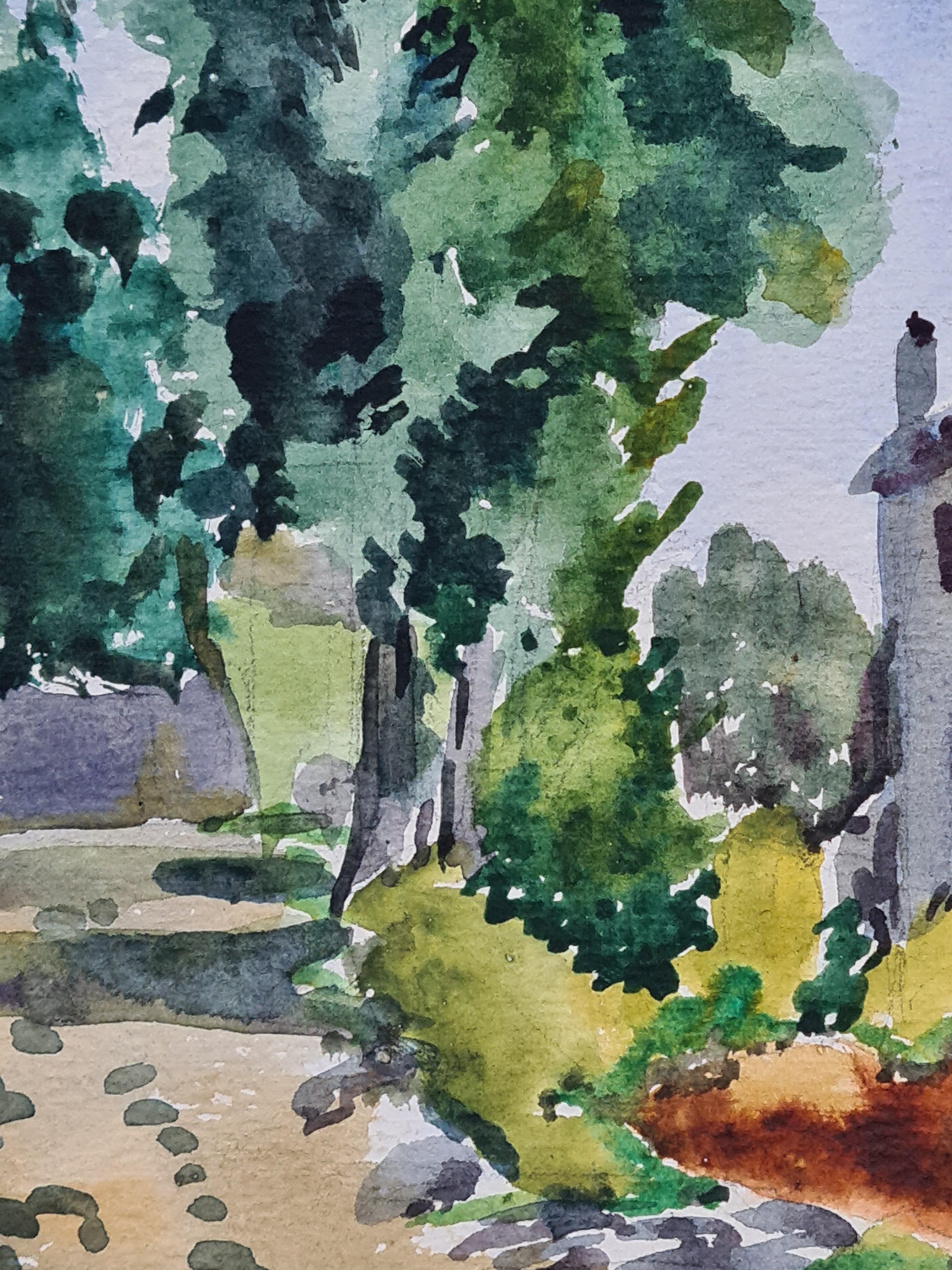 Französische Schule von Barbizon Aquarell auf Papier Ansicht eines Kirchturms in einer Landschaft von Henri Clamen. Das Gemälde ist unsigniert, wurde aber mit anderen signierten Werken aus dem Atelier des Künstlers erworben. 

Eine bezaubernde