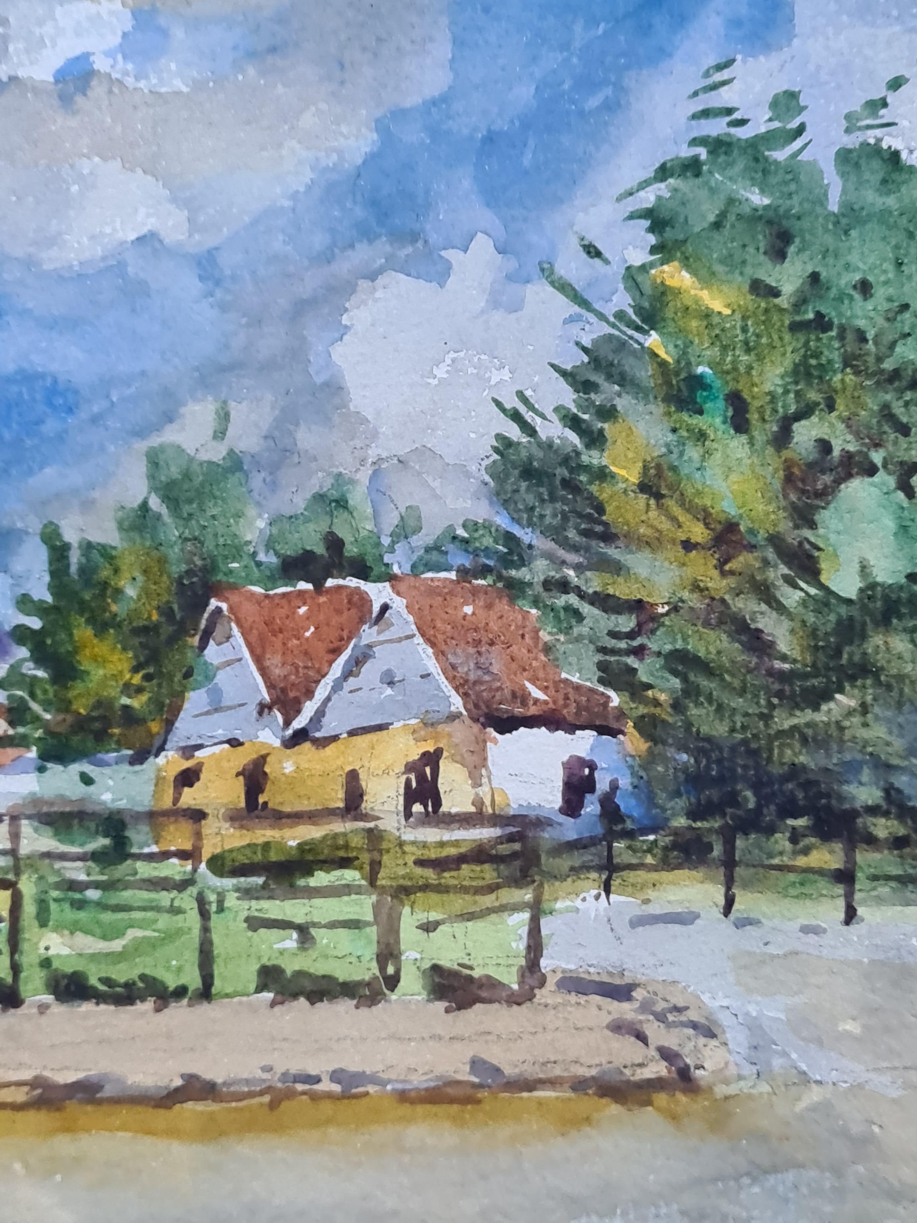 Aquarelle d'une ferme de l'école de Barbizon des années 1930 - Art de Henri Clamen