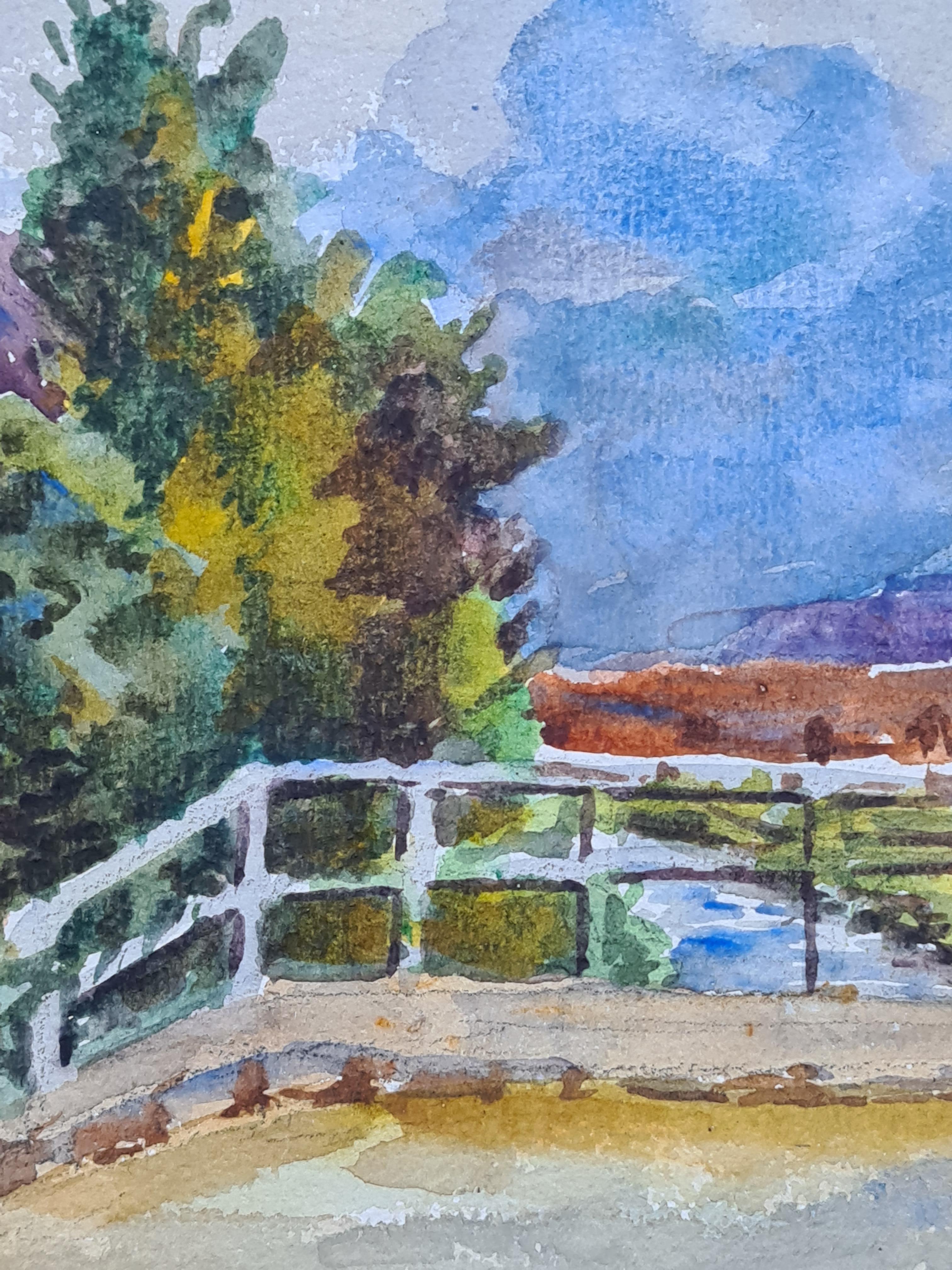 Aquarelle d'une ferme de l'école de Barbizon des années 1930 - École de Barbizon Art par Henri Clamen