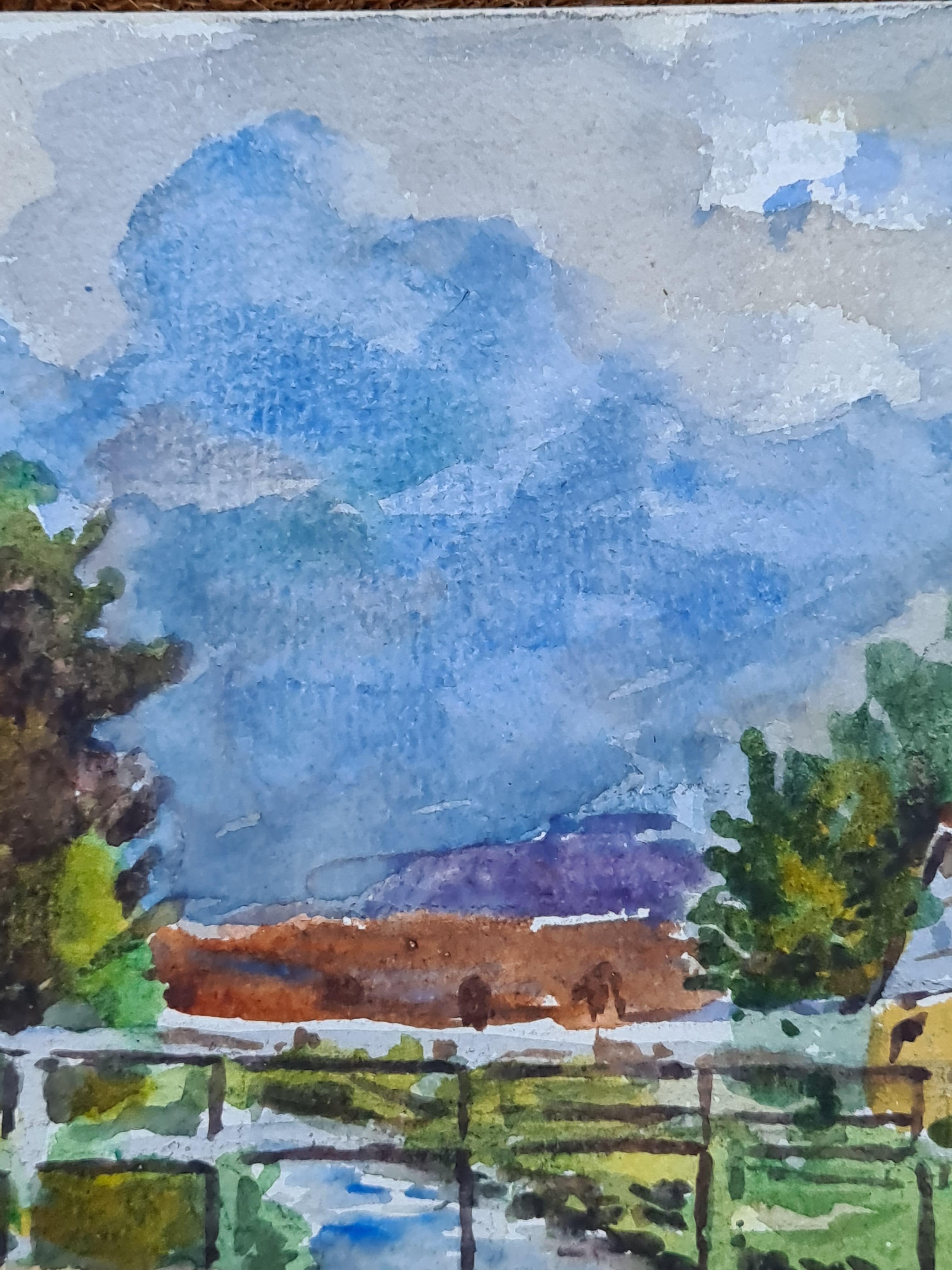 Aquarelle d'une ferme de l'école de Barbizon des années 1930 1