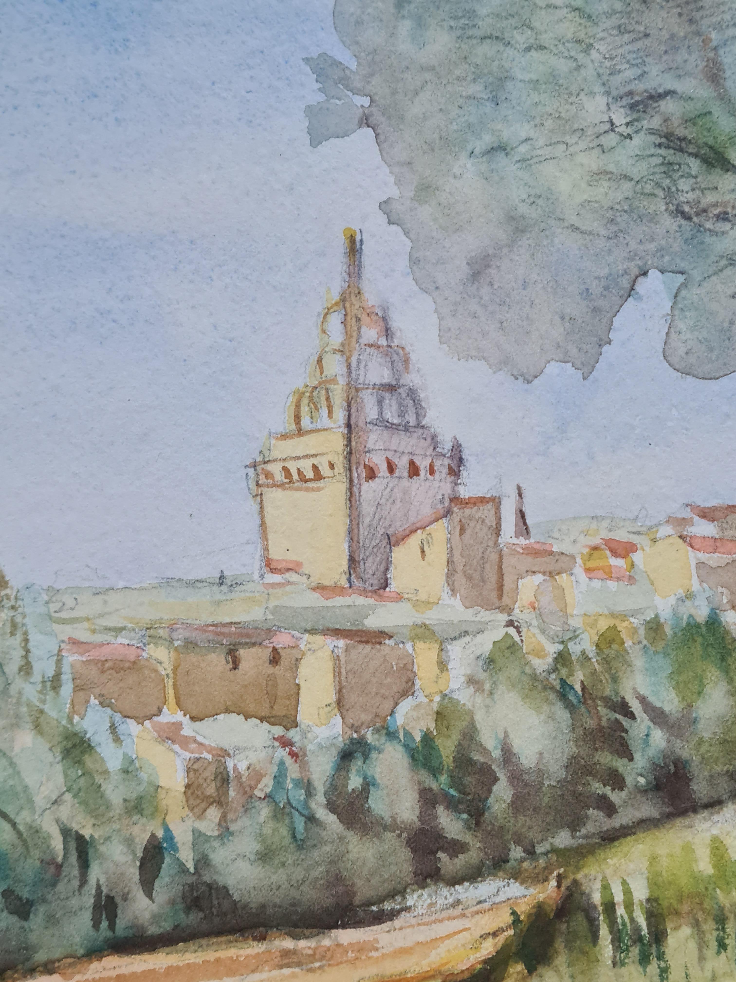 1930s French Barbizon School Watercolour of a Village and its Tower - Art by Henri Clamen