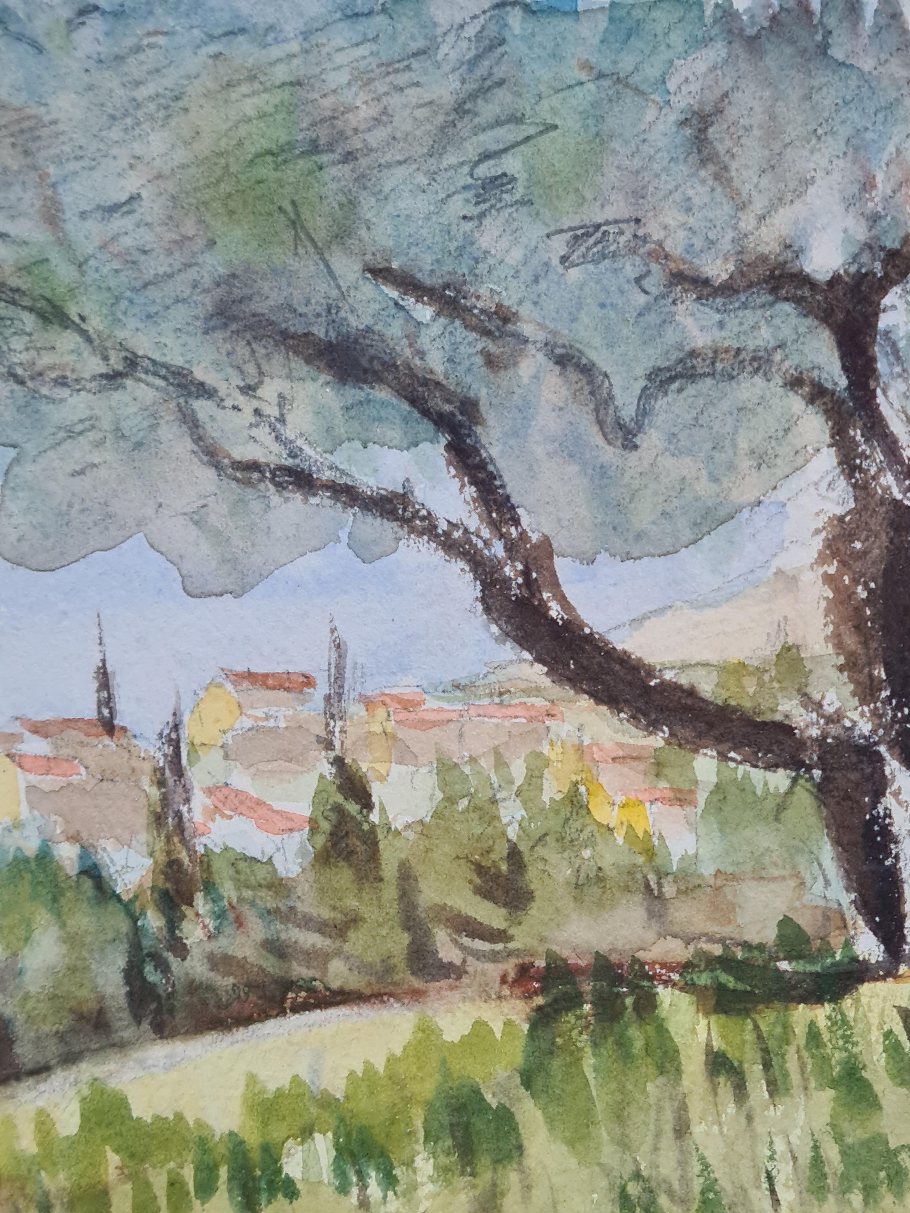 French Barbizon School watercolour on paper of a the road to a village by Henri Clamen. The painting is unsigned but was acquired from the artists atelier with other signed works. 

A charming view of a road leading to a French village with