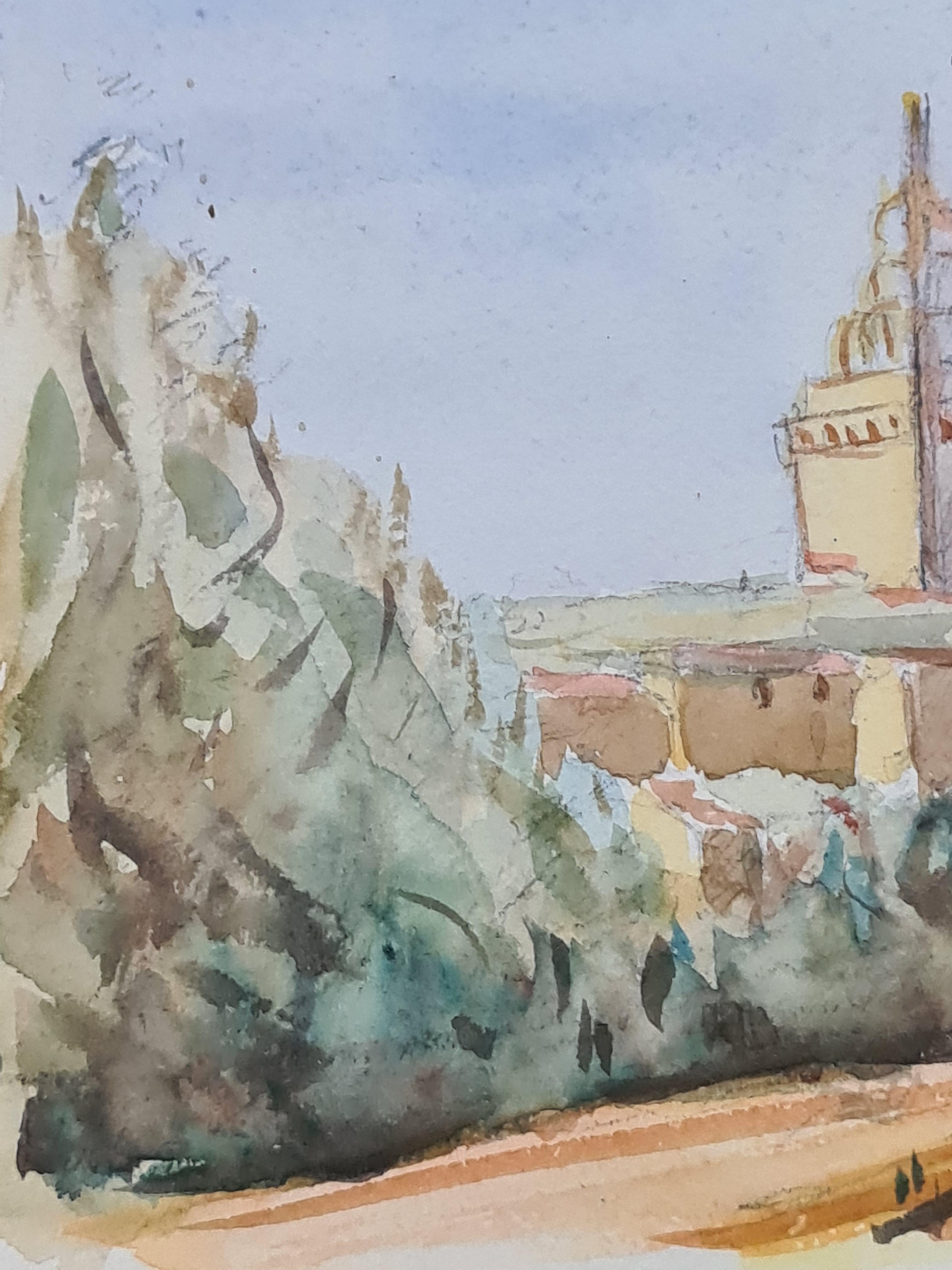 1930s French Barbizon School Watercolour of a Village and its Tower 1