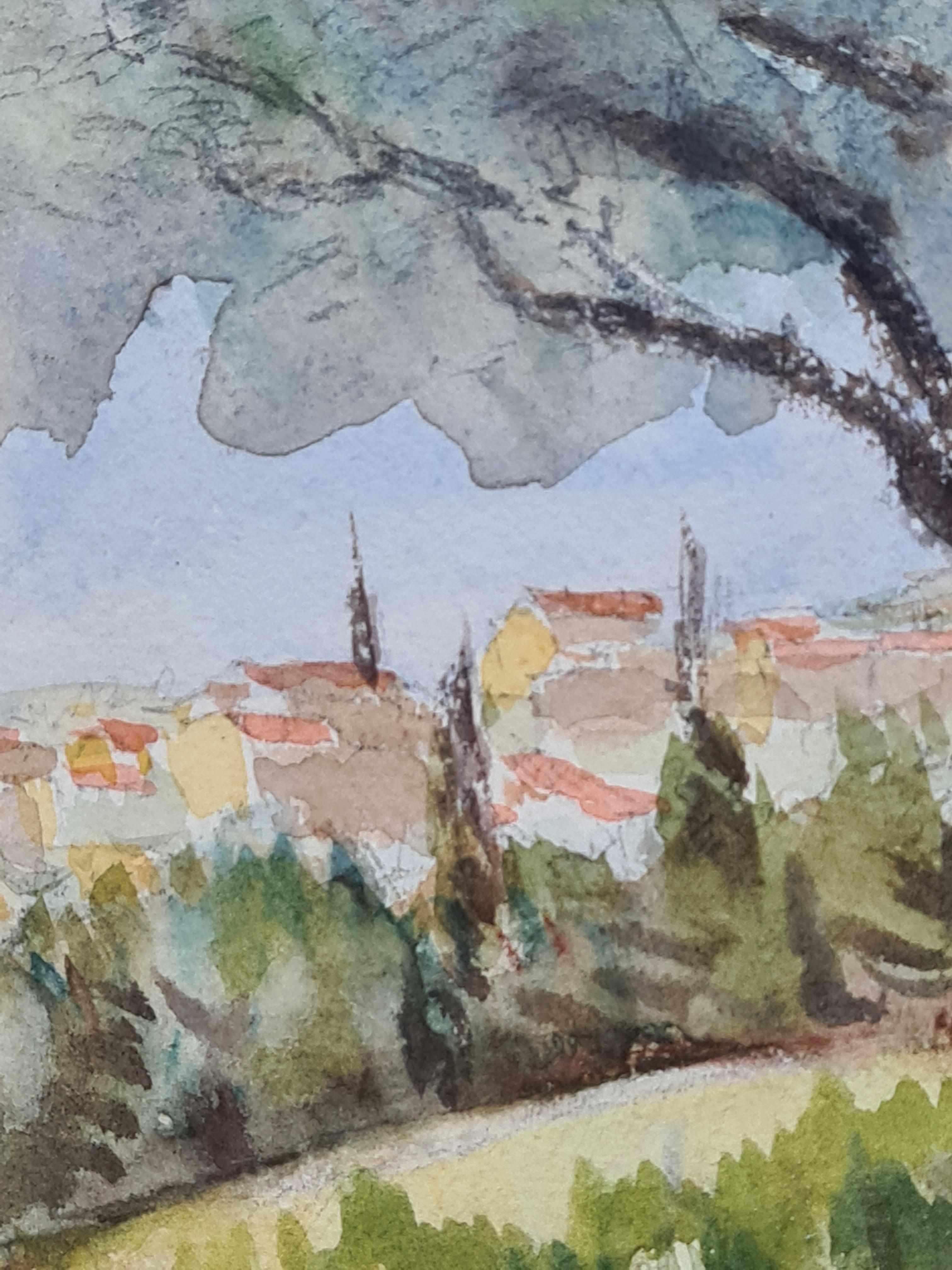1930s French Barbizon School Watercolour of a Village and its Tower 2