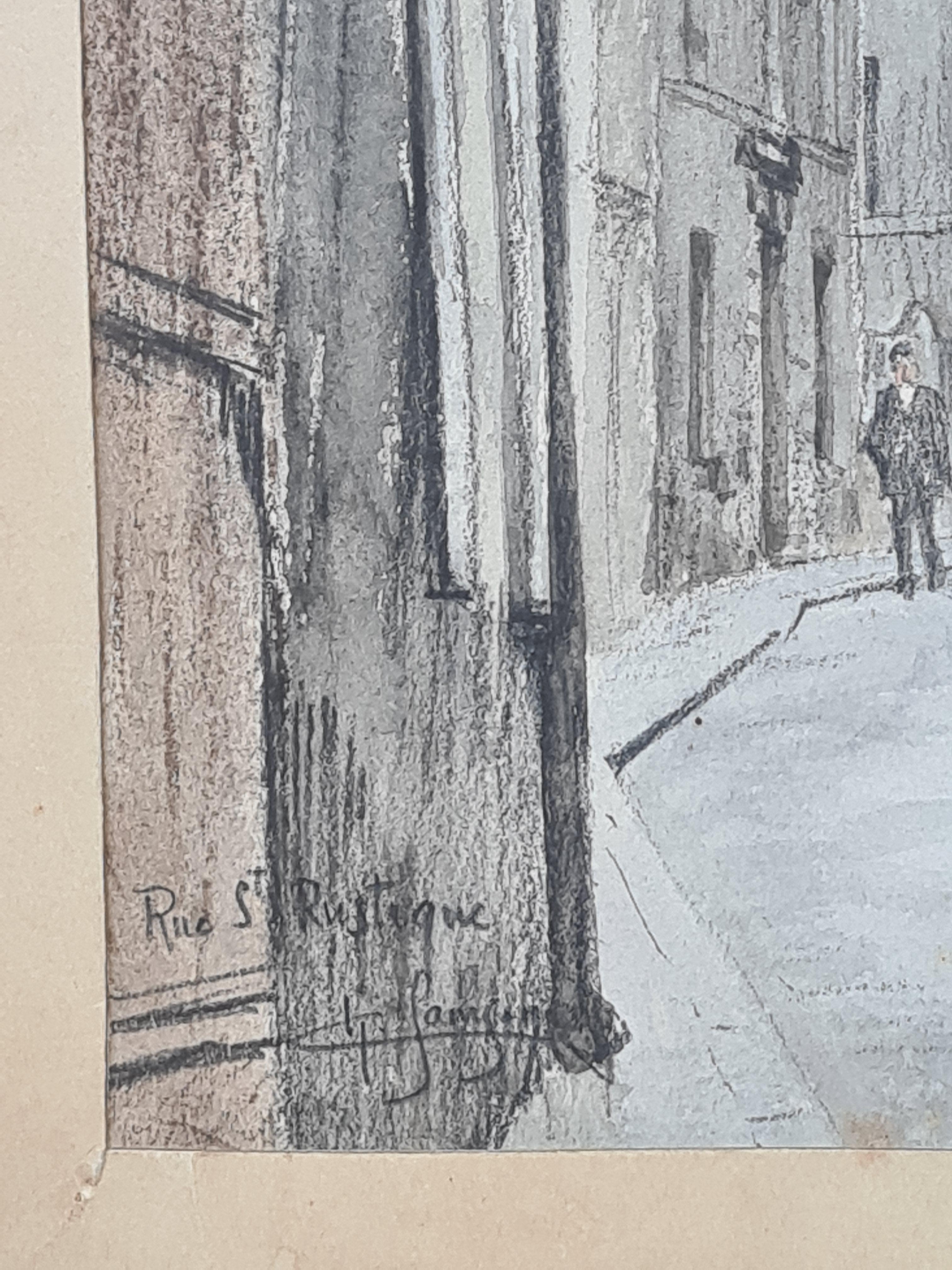 Rue St Rustique, Montmartre et Basilique du Sacré-Cœur, Paris. Aquarelle et encre. - Post-impressionnisme Art par Unknown
