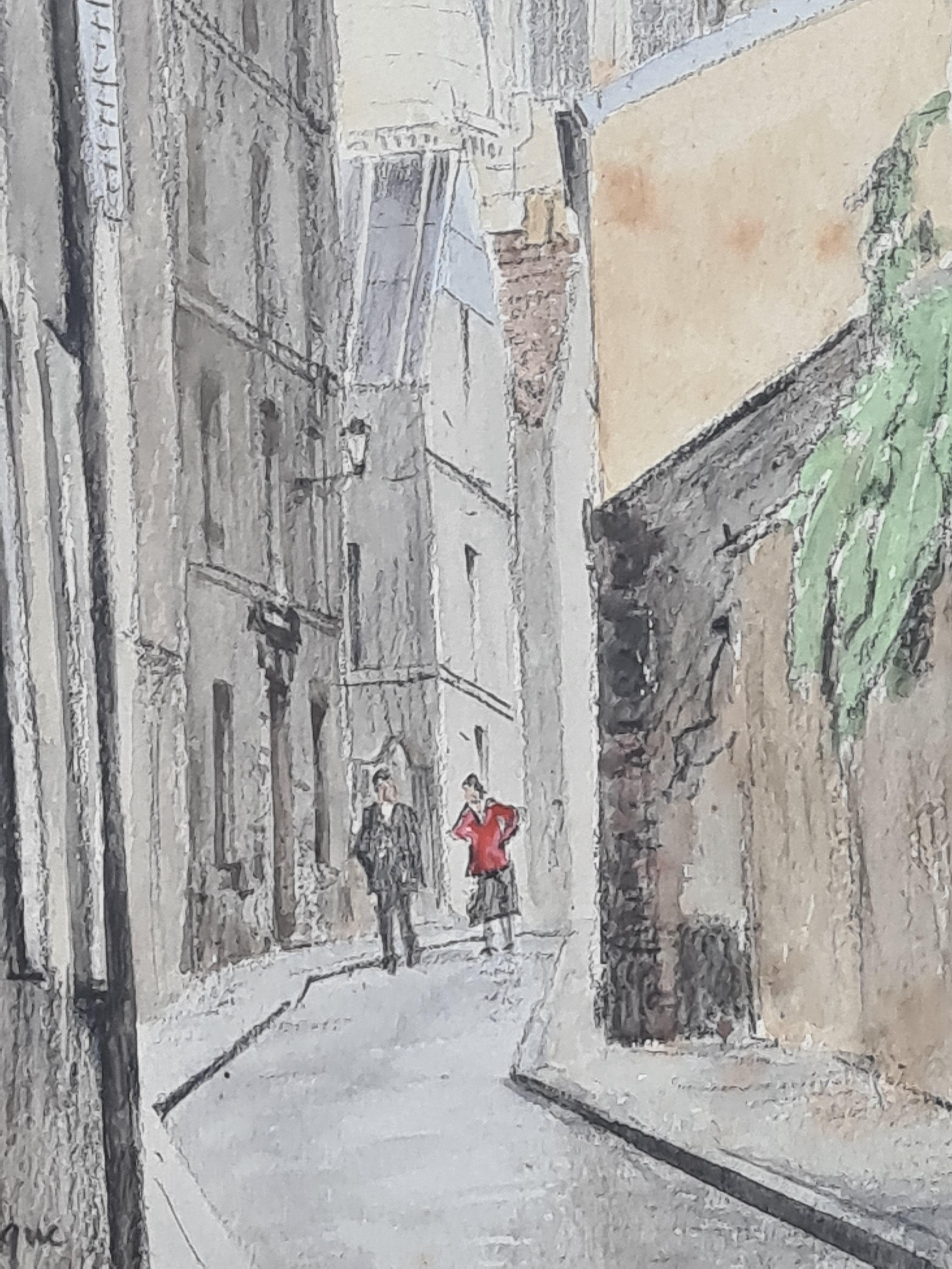 Rue St Rustique, Montmartre et Basilique du Sacré-Cœur, Paris. Aquarelle et encre. - Gris Landscape Art par Unknown