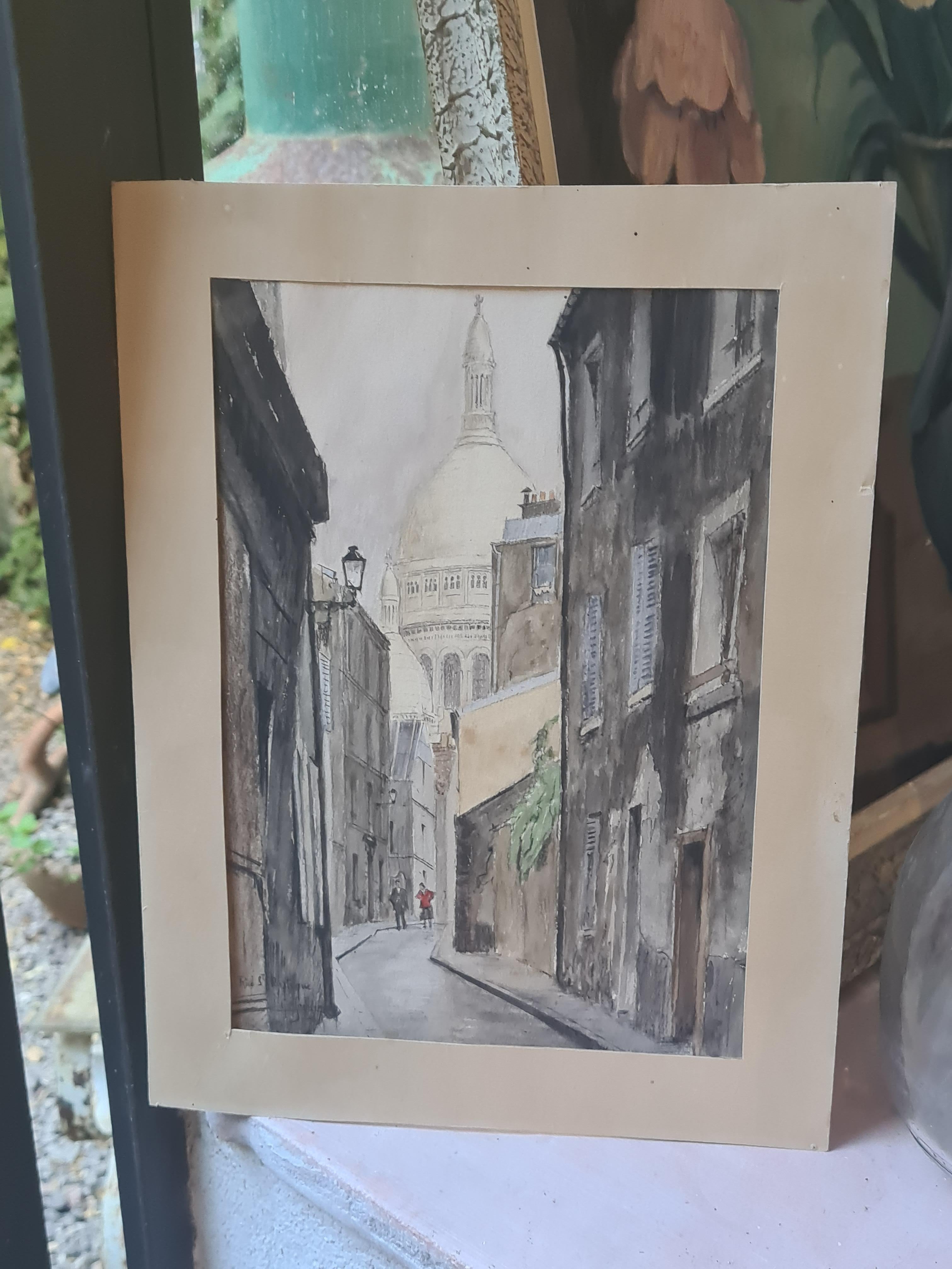Rue St Rustique, Montmartre et Basilique du Sacré-Cœur, Paris. Aquarelle et encre. en vente 3