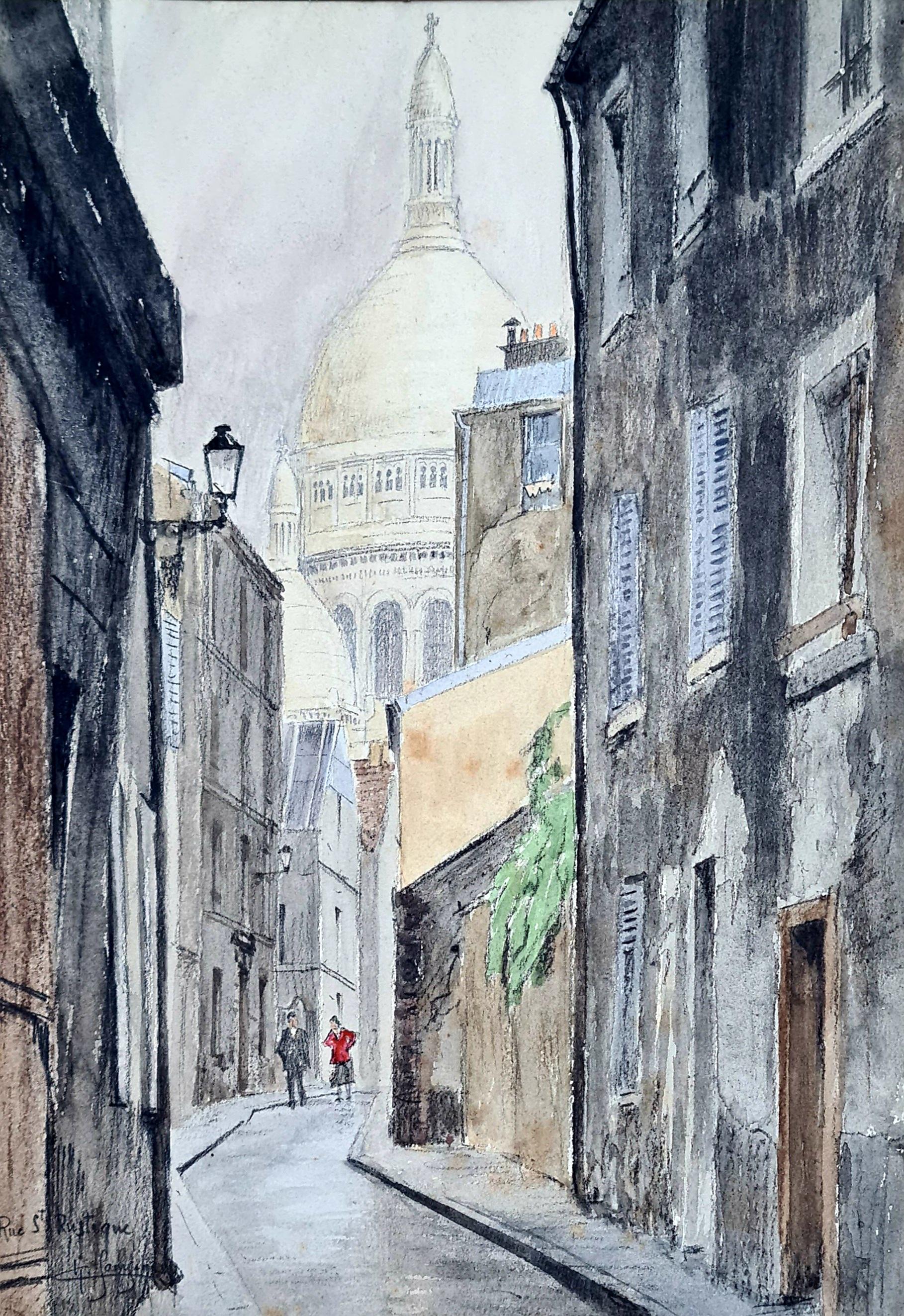 Rue St Rustique, Montmartre and Sacré-Coeur Basilica, Paris. Watercolor and Ink.