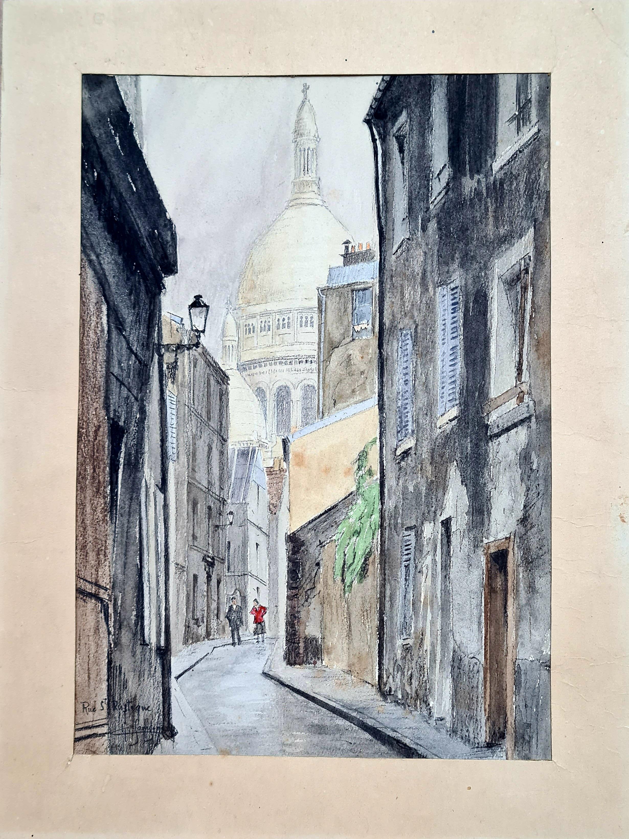 Rue St Rustique, Montmartre et Basilique du Sacré-Cœur, Paris. Aquarelle et encre. - Art de Unknown