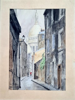 Rue St Rustique, Montmartre and Sacré-Coeur Basilica, Paris. Watercolor and Ink.