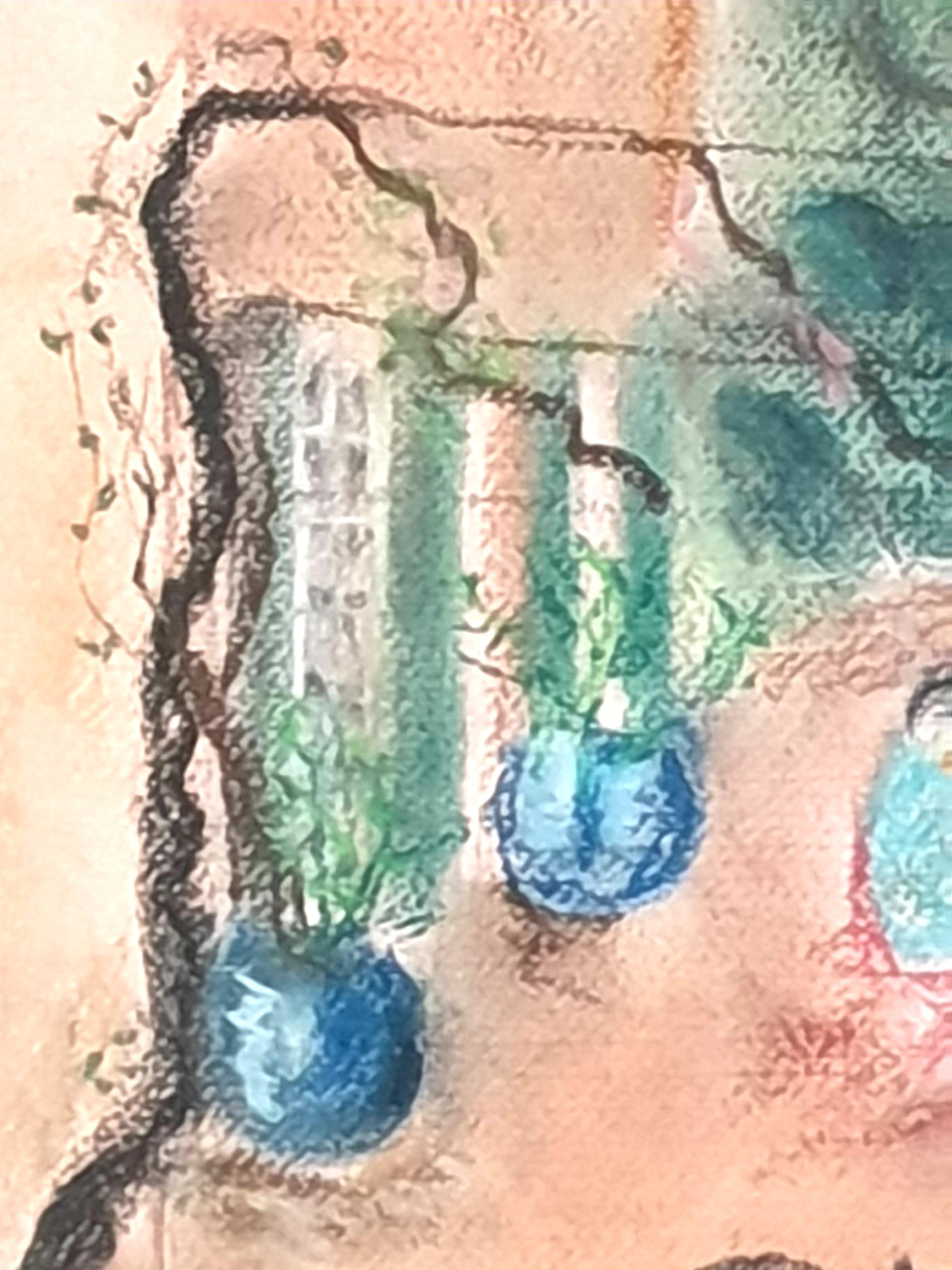 Pastell eines französischen Impressionisten auf Papier mit einem provenzalischen Mittagessen. Signiert unten rechts, aber noch nicht entziffert. Präsentiert in einem weißen Rahmen unter Plexiglas.

Ein charmantes, sehr farbenfrohes und lebendiges