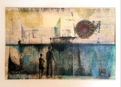 Mid-Century Danish Surrealist Pastel on Paper. "Sunset over the Docks".