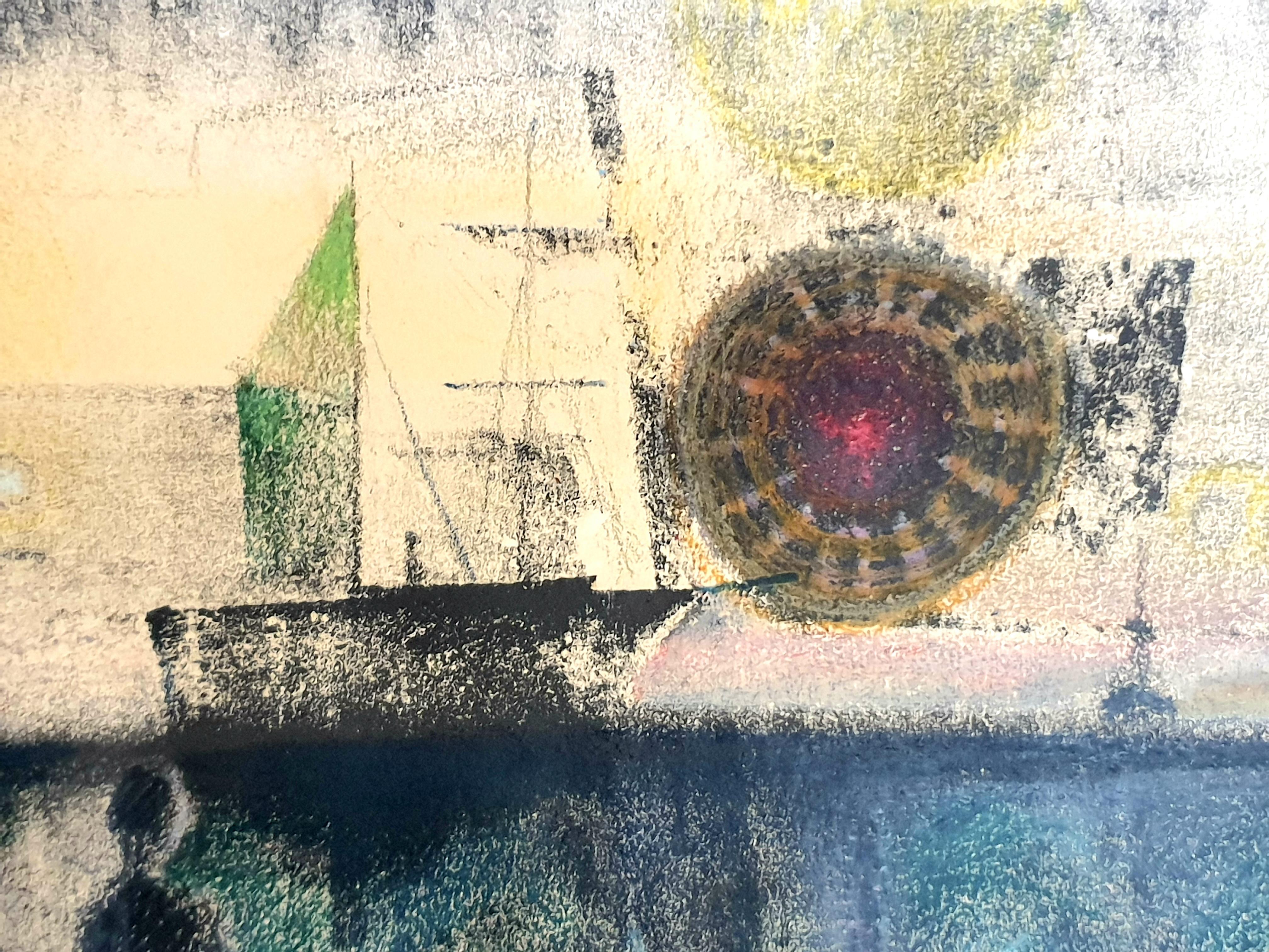 Dänisches surrealistisches Ölpastell auf Papier mit einer Hafenszene von Poul Møller. Das Pastell ist unten rechts mit PM signiert und mit 71 datiert. Präsentiert in einem schlichten Holztablett-Rahmen.

Provenienz: Direkt aus dem Atelier des