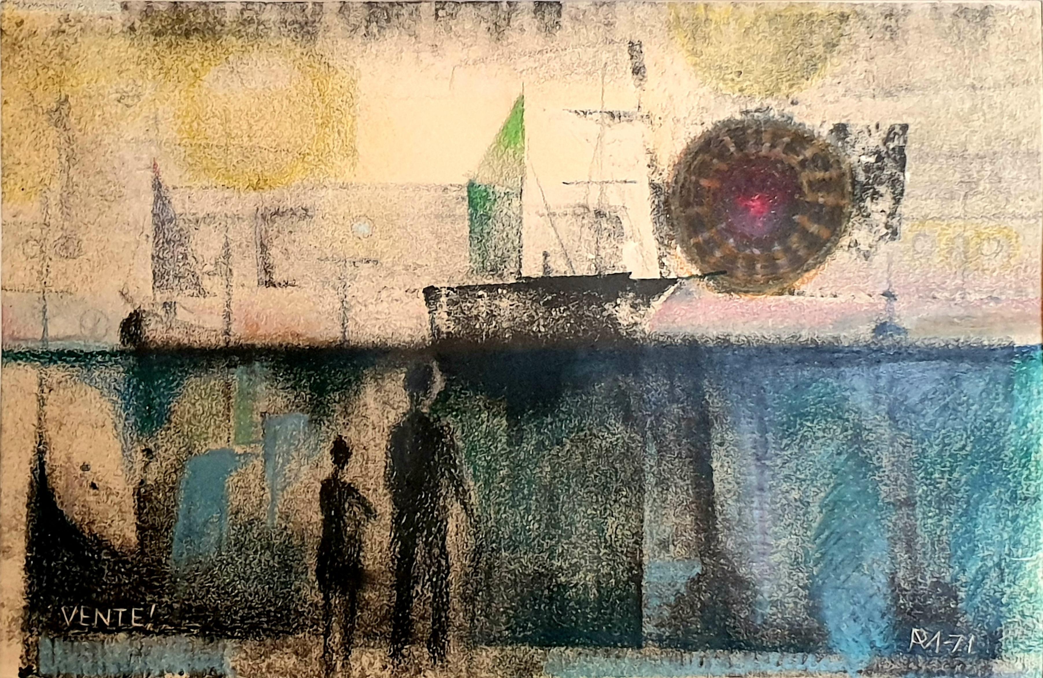 Dänisches surrealistisches Pastell auf Papier aus der Jahrhundertmitte. "Sonnenuntergang über den Docks".