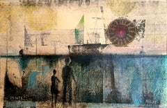 Mid-Century Danish Surrealist Pastel on Paper. "Sunset over the Docks".