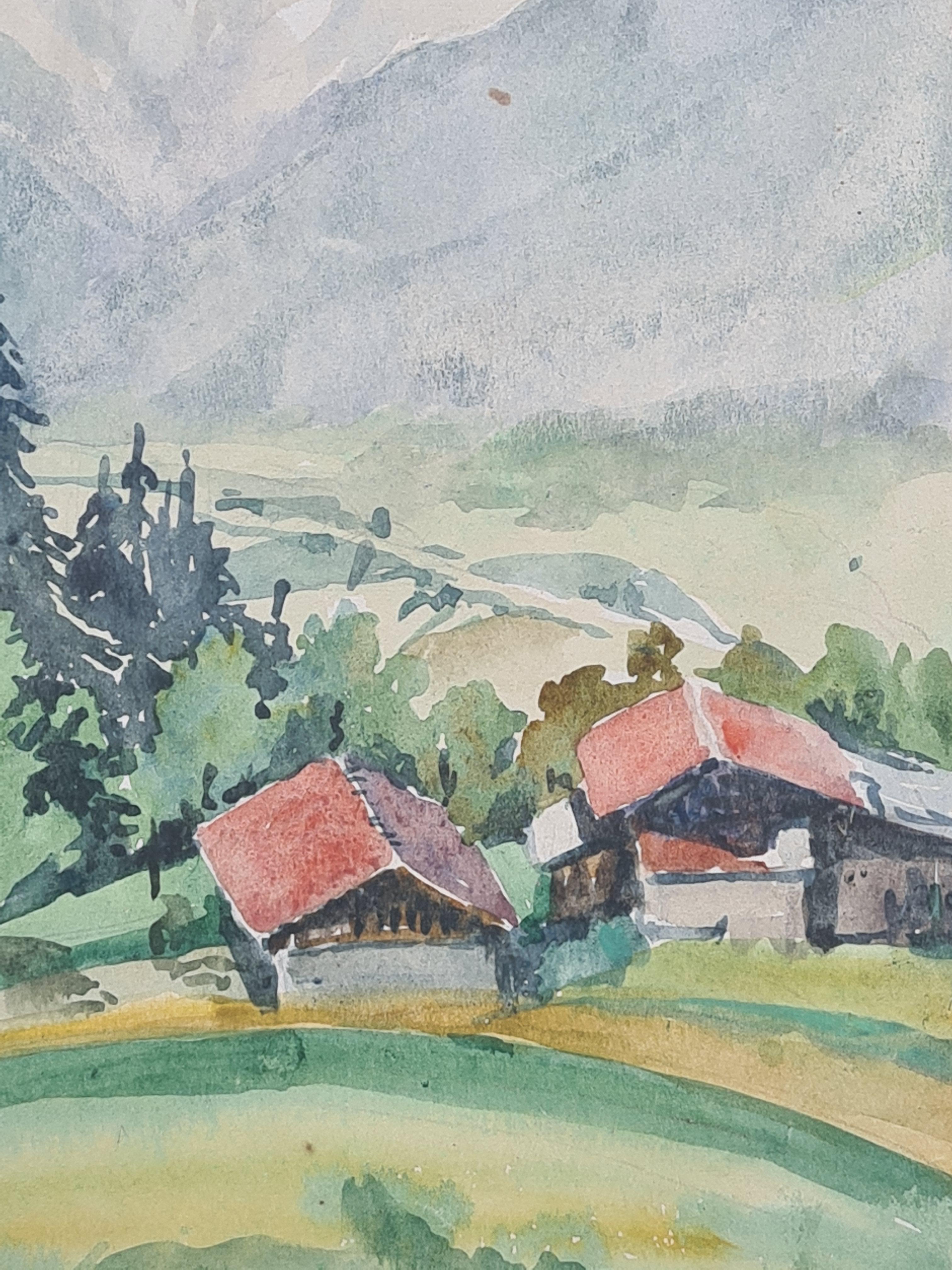 Scuola francese di Barbizon del 1930, Fattoria e paesaggio montano - Art di Henri Clamen