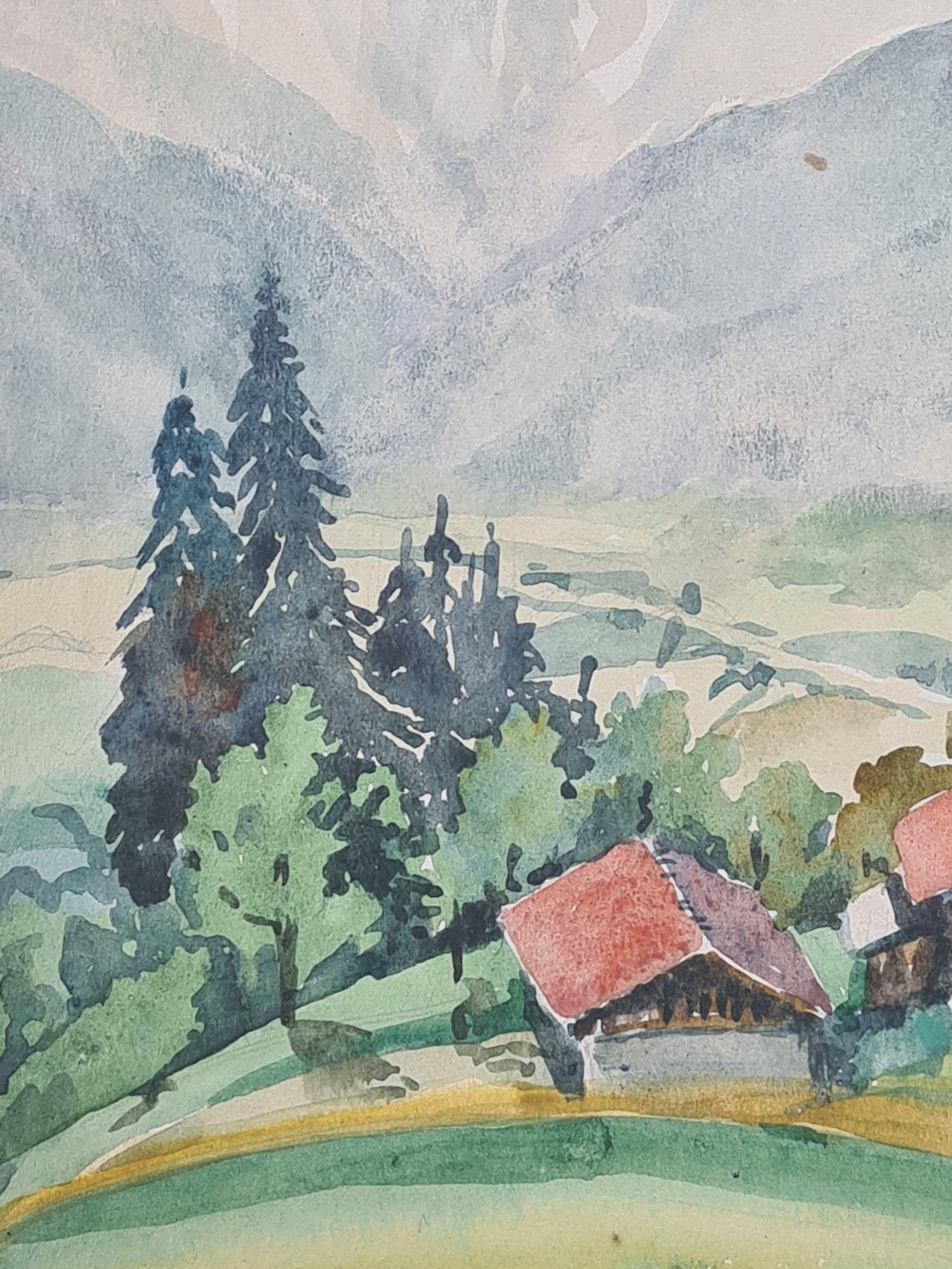 Scuola francese di Barbizon del 1930, Fattoria e paesaggio montano - Landscape Art Grigio di Henri Clamen