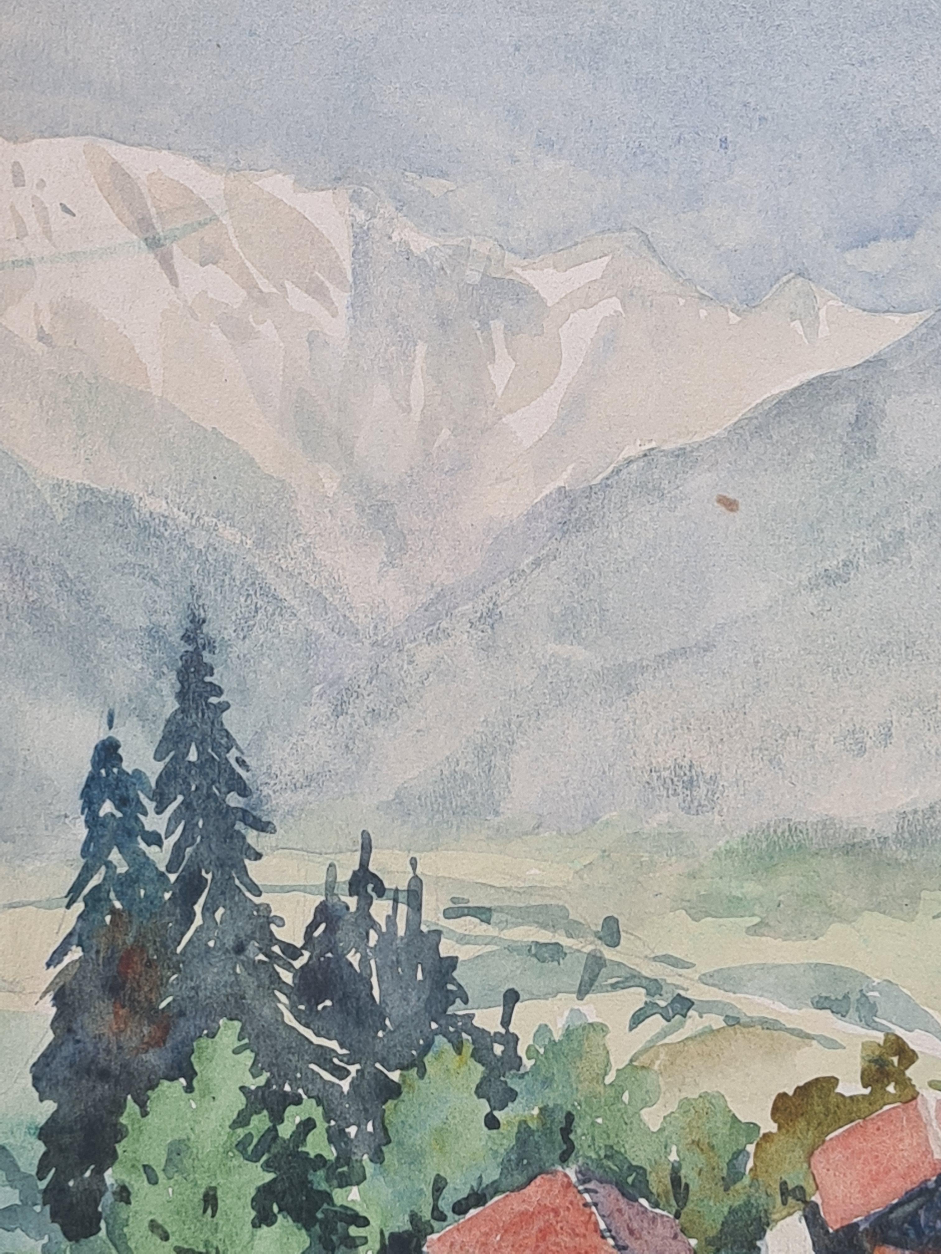 Acquerello francese della Scuola di Barbizon su carta con veduta di una fattoria rurale francese e scena di campagna in una valle di Henri Clamen. Il dipinto non è firmato ma è stato acquistato dall'Atelier dell'artista insieme ad altri dipinti