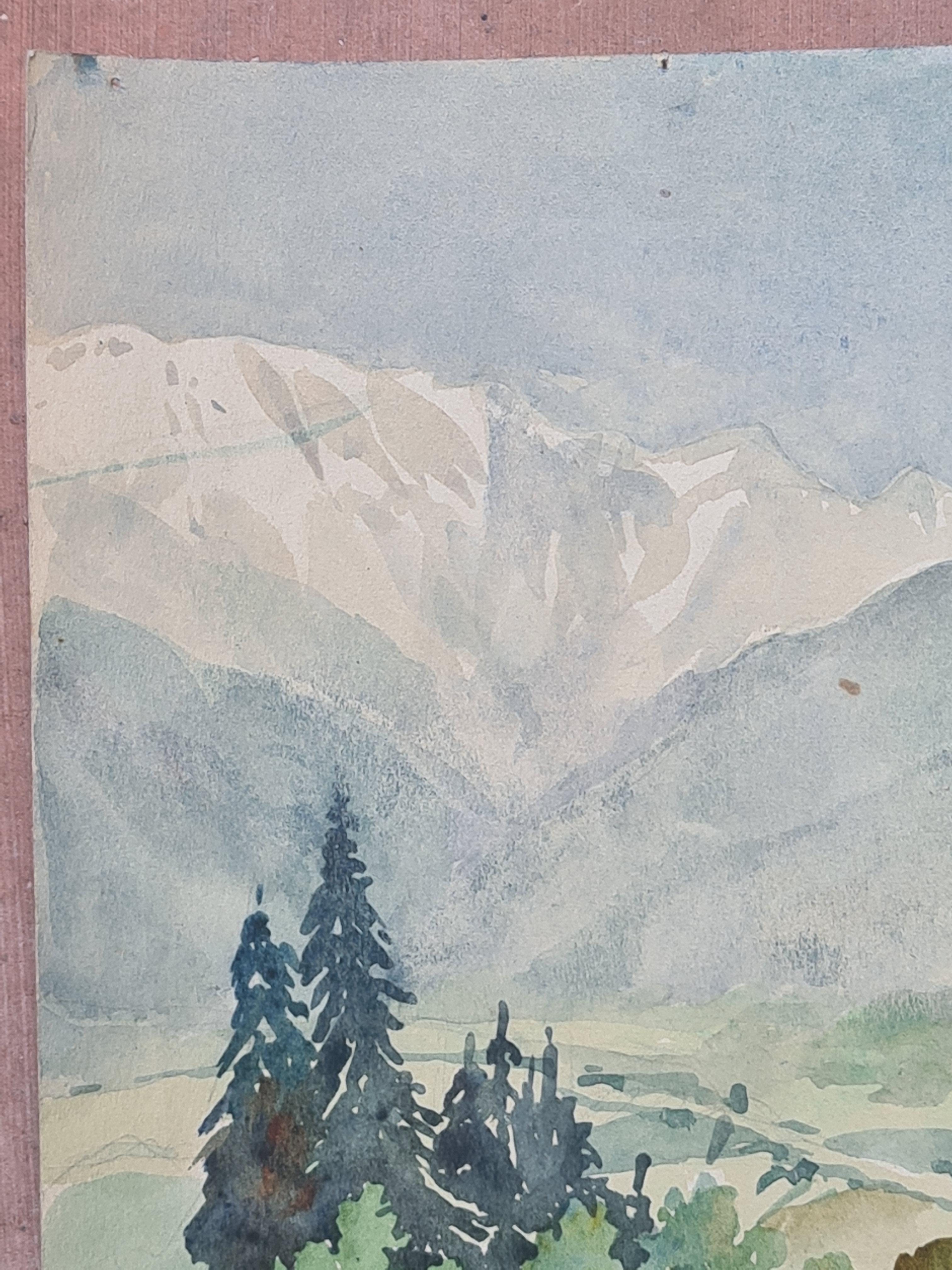 Scuola francese di Barbizon del 1930, Fattoria e paesaggio montano in vendita 2