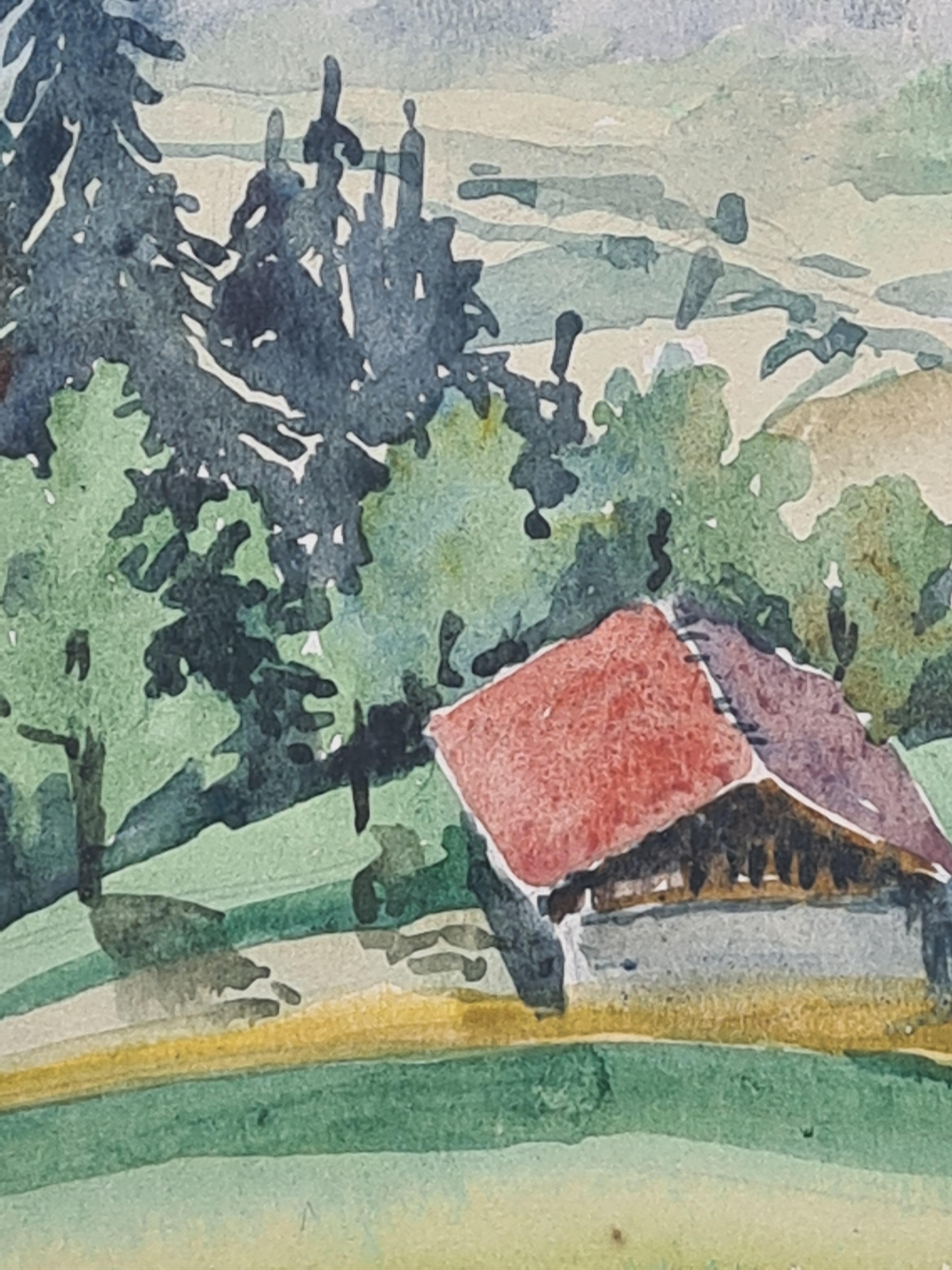 Scuola francese di Barbizon del 1930, Fattoria e paesaggio montano in vendita 1