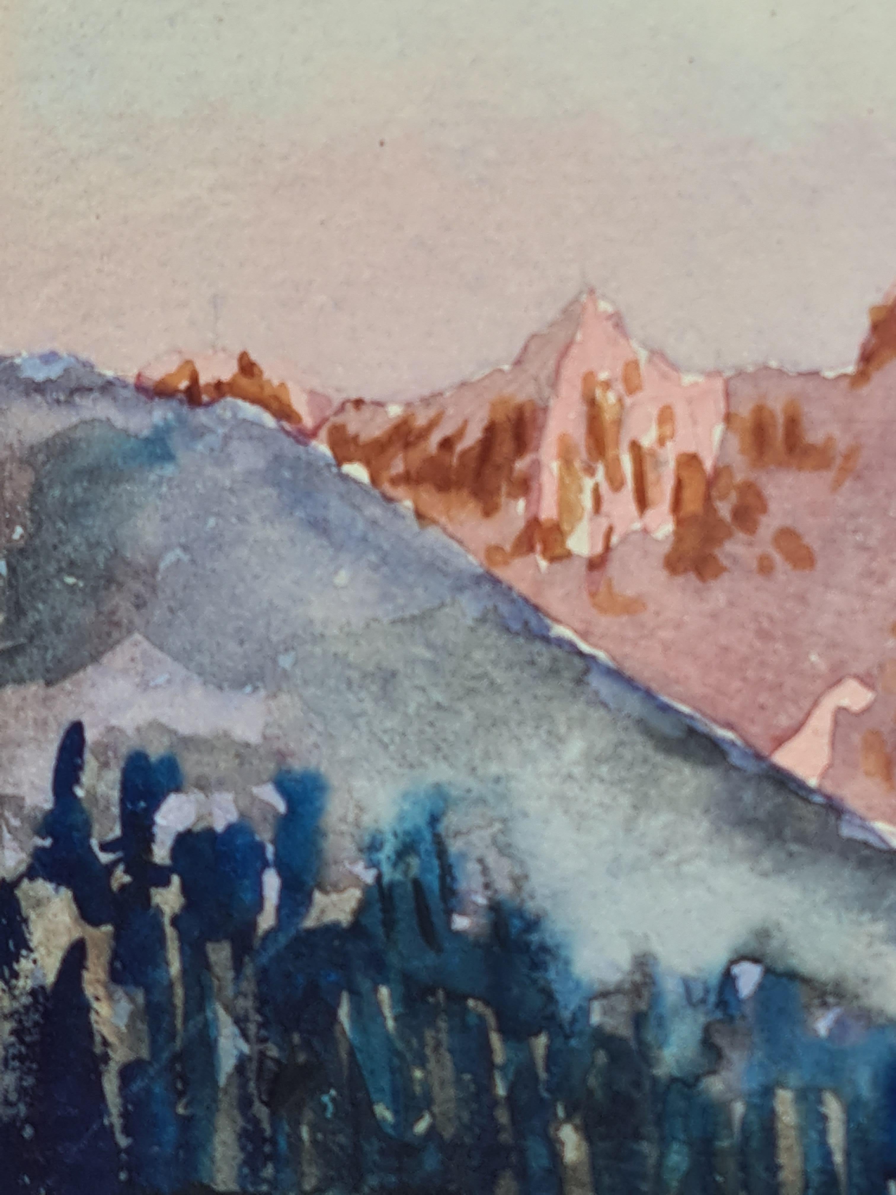 Französischer Impressionist, Aquarell auf Papier, Ansicht eines Kiefernwaldes und einer Berglandschaft von Henri Clamen. Das Gemälde ist zwar nicht signiert, wurde aber zusammen mit anderen signierten Werken aus dem Atelier des Künstlers erworben.