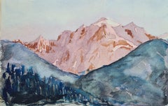 Französisches impressionistisches Aquarell eines Kiefernwaldes und einer sonnenbeschienenen Bergszene, 1930er Jahre