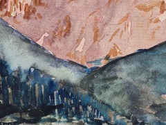 Aquarelle impressionniste française des années 1930 représentant une forêt de pins et une scène de montagne éclairée par le soleil