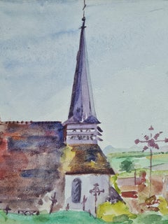 1930s French Barbizon School Watercolour of a Church in a Lansdscape.