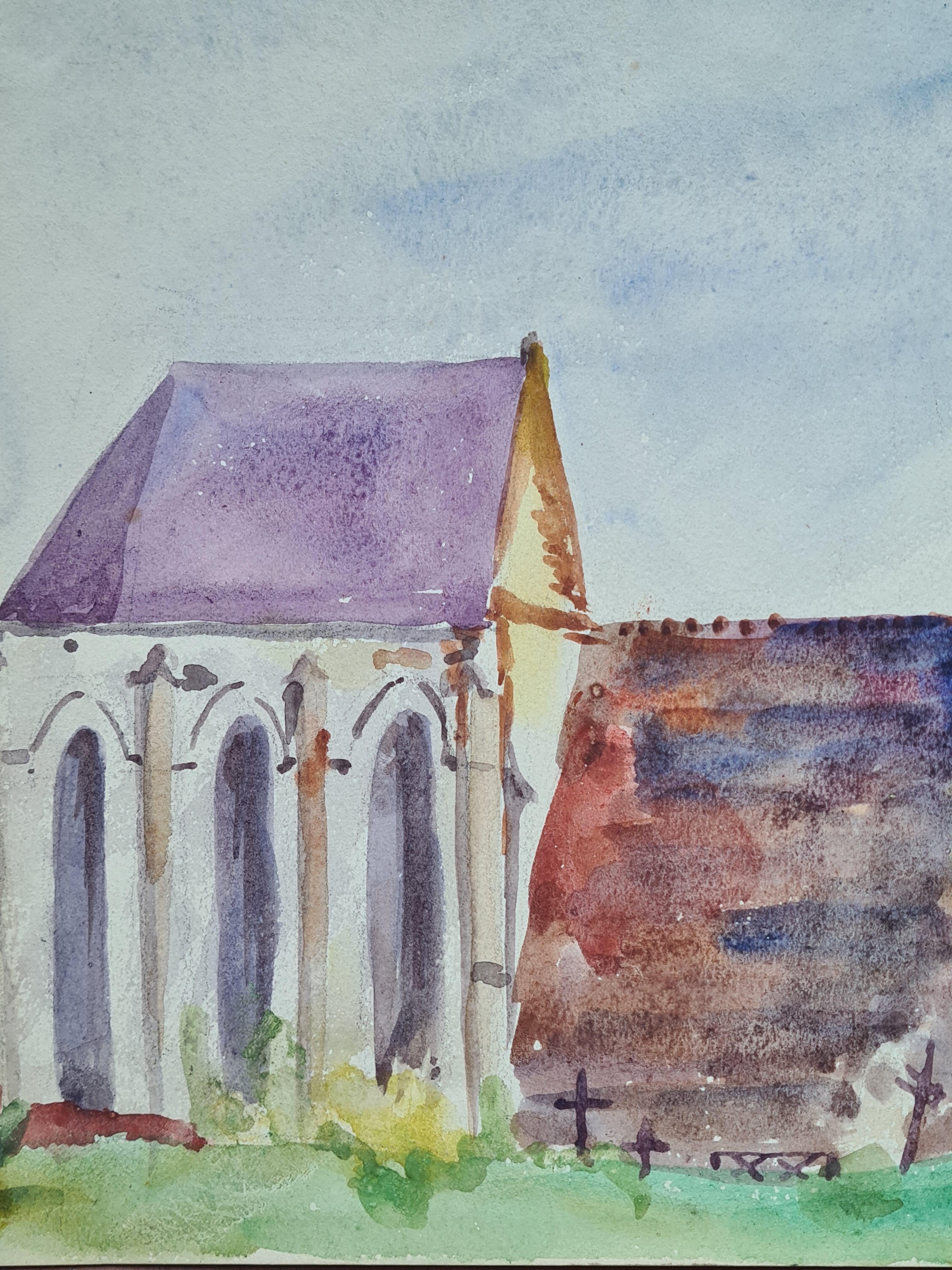 1930s French Barbizon School Watercolour of a Church in a Lansdscape. - Gray Landscape Art by Henri Clamen