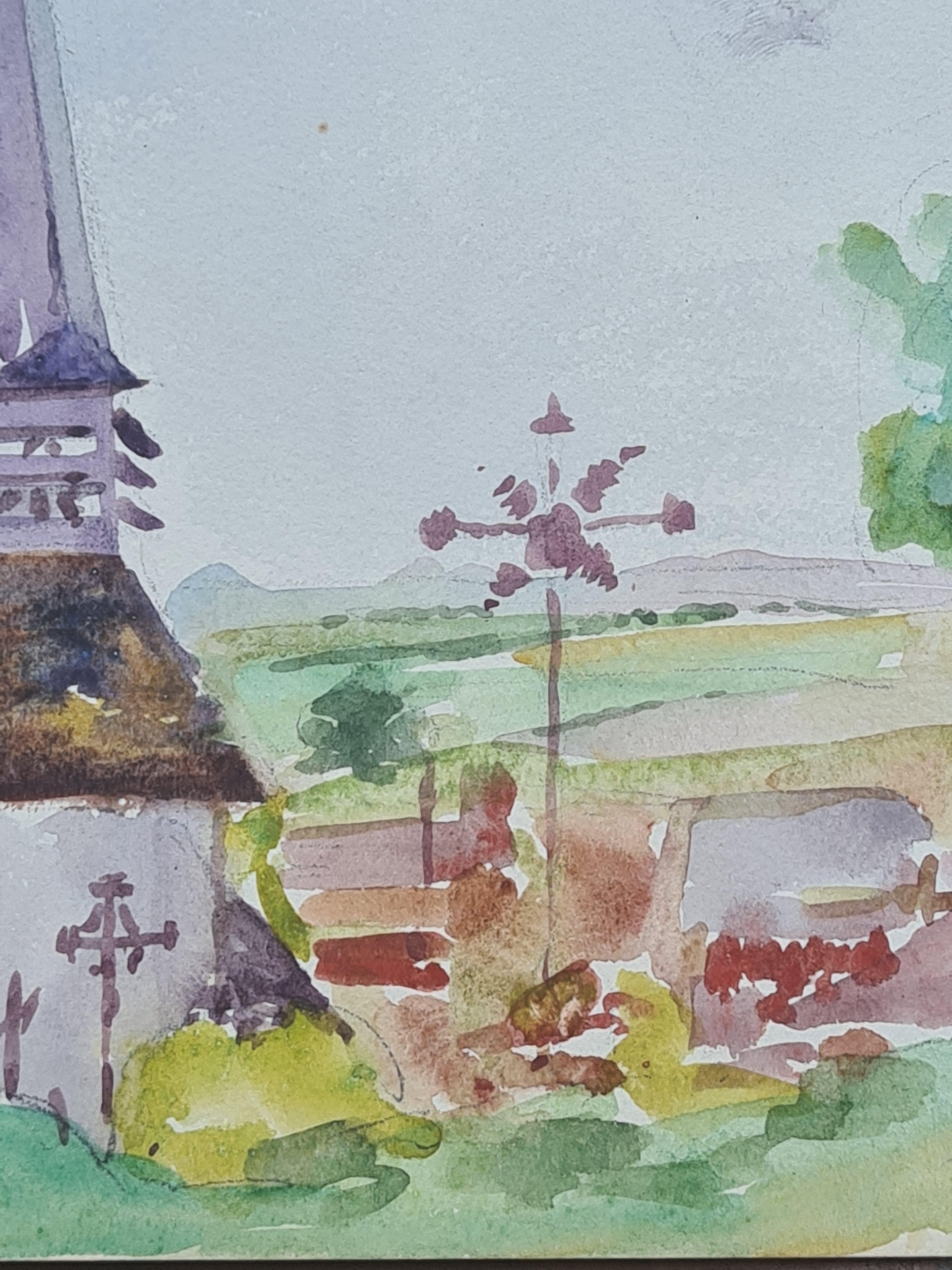 French Barbizon School watercolour on paper view of a church and its tower in a landscape by Henri Clamen. The painting is unsigned but was acquired from the artist's atelier with other signed works. To the back of the paper is another painting, a