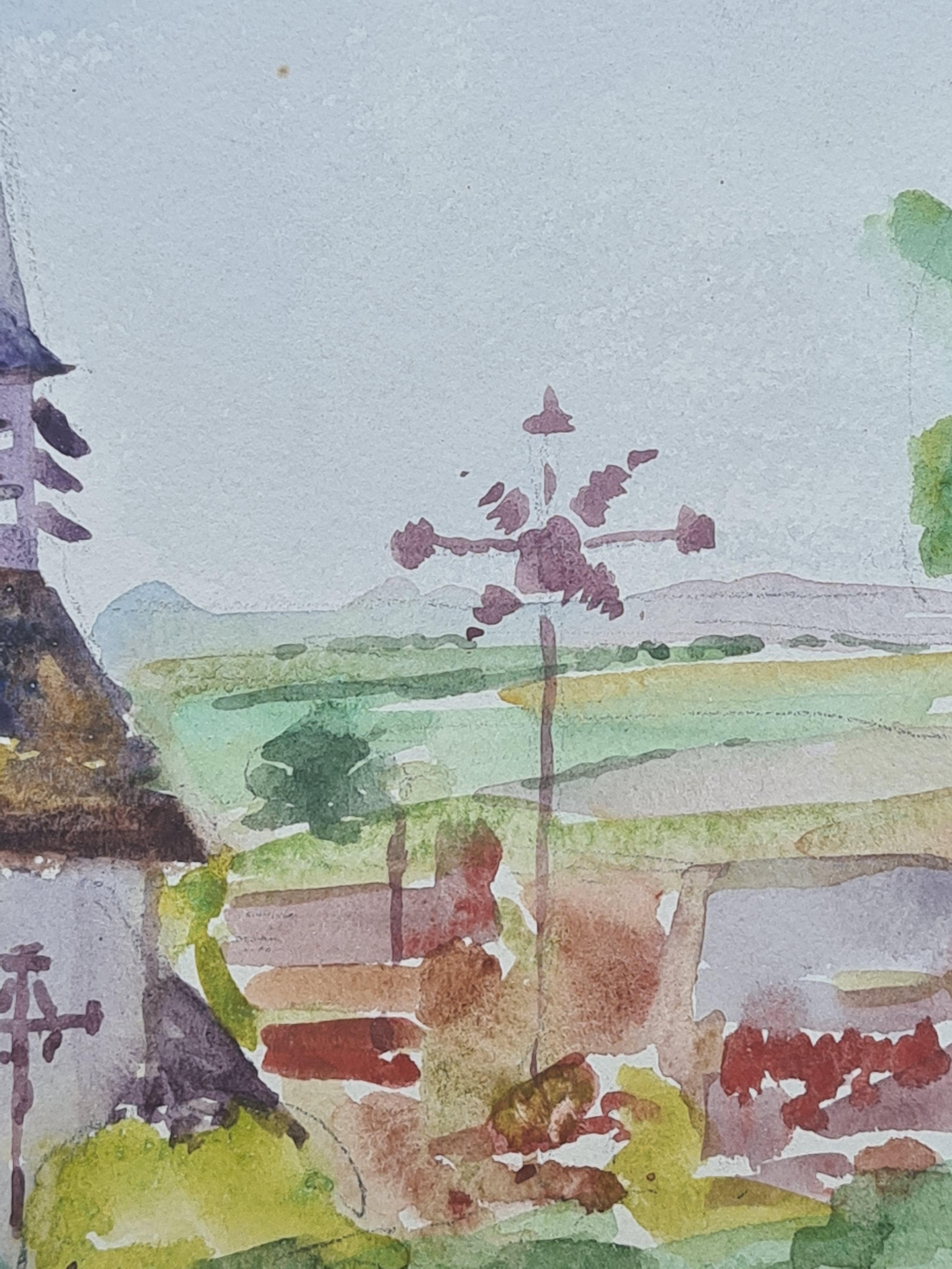 1930s French Barbizon School Watercolour of a Church in a Lansdscape. For Sale 2