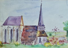 Acquerello della Scuola di Barbizon francese del 1930 raffigurante una chiesa in un paesaggio urbano.
