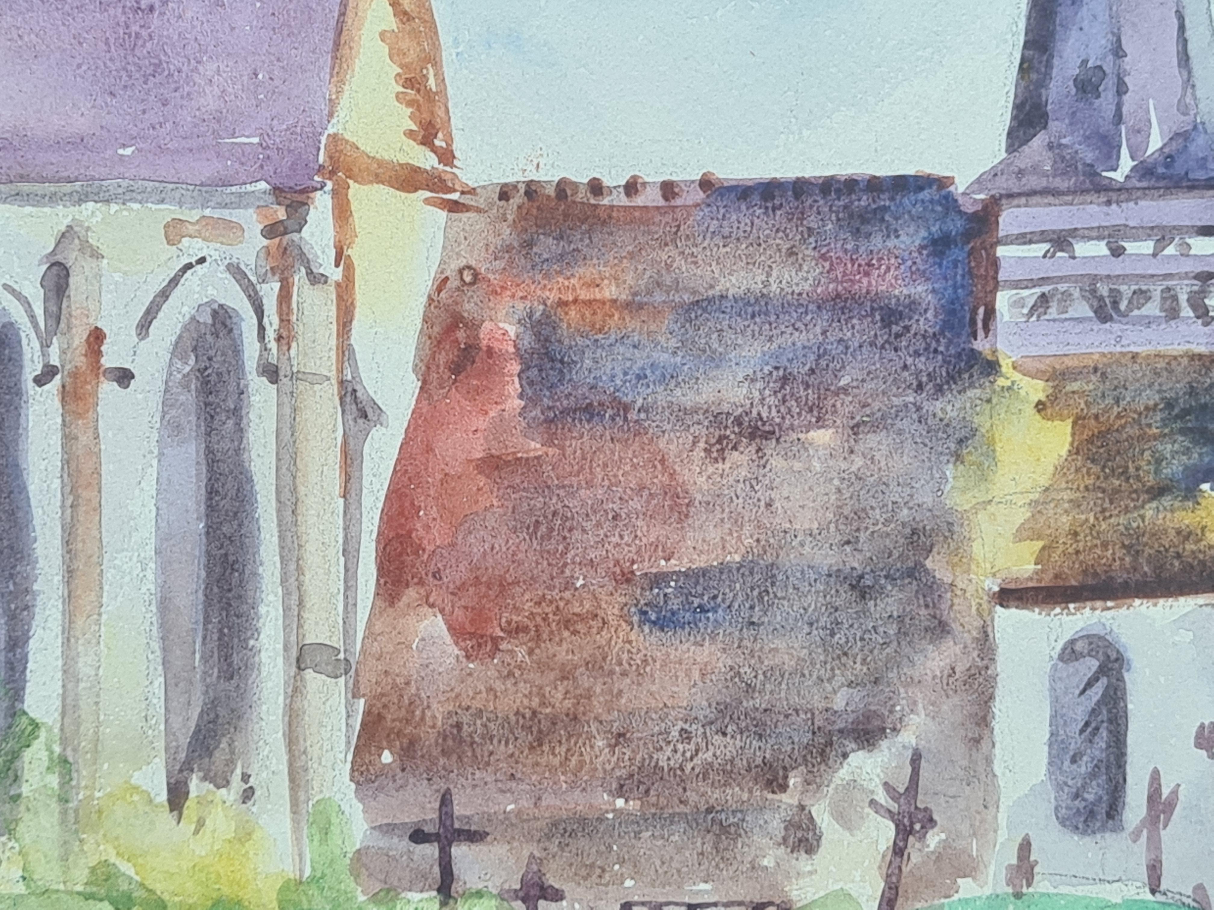1930s French Barbizon School Watercolour of a Church in a Lansdscape. For Sale 1