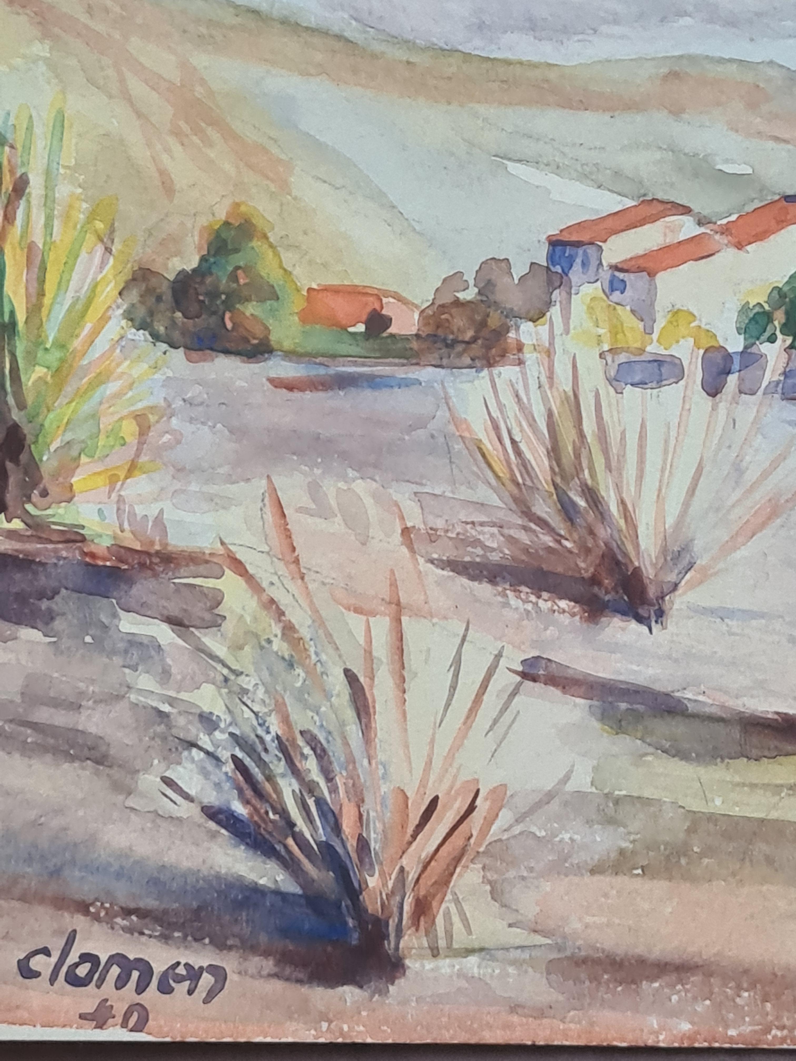 French Barbizon School watercolour on paper view of a rural French country scene by Henri Clamen. The painting is signed and dated '40' and was acquired from the artist's atelier. 

A charming view of a field of pampas grass leading to a country